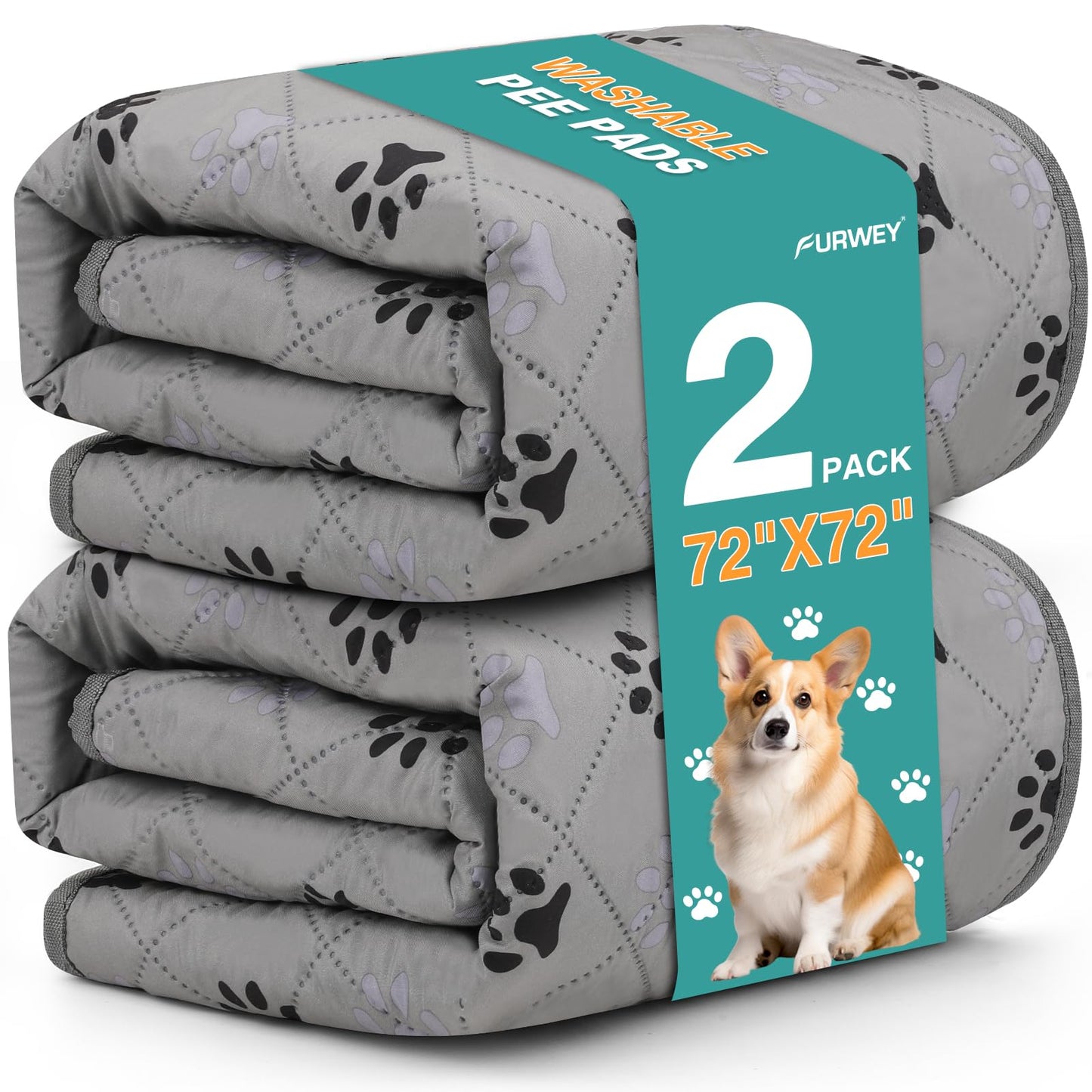 FURWEY Extra Large Washable Pee Pads for Dogs Super Absorbent Dog Training Pads Non-Slip Waterproof Pet Training Pads Mats Whelping Pads for Dogs Cats Puppy (Light Grey, 72"X72"(2PACK))