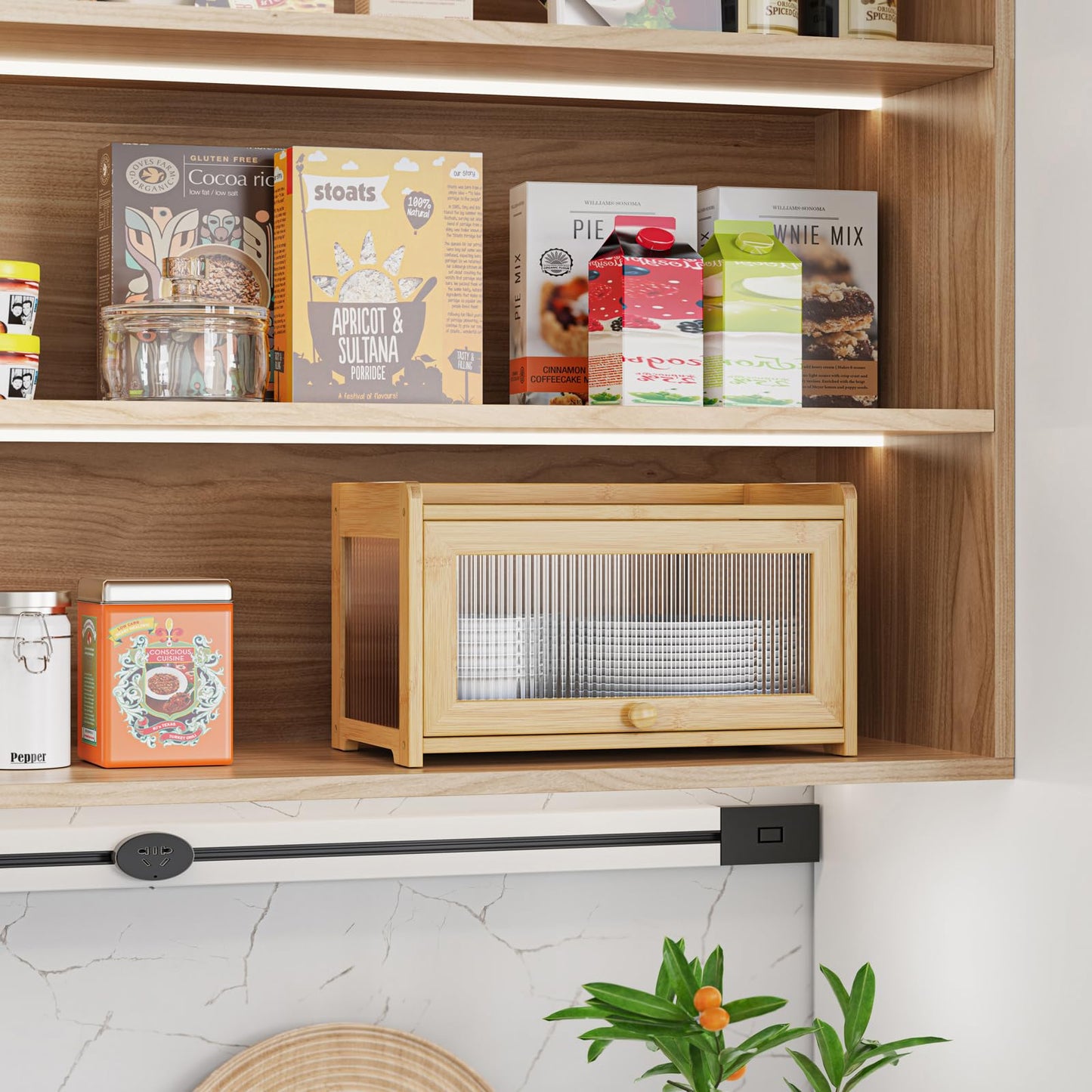 BAMBANG Extra Large Bamboo Bread Box for Kitchen Counter, Bread Storage Container Farmhouse Bread Box with 3 Sides Wavy & Back Clear Window, Breadbox Bread Bin Holder for Homemade Bread, Natural