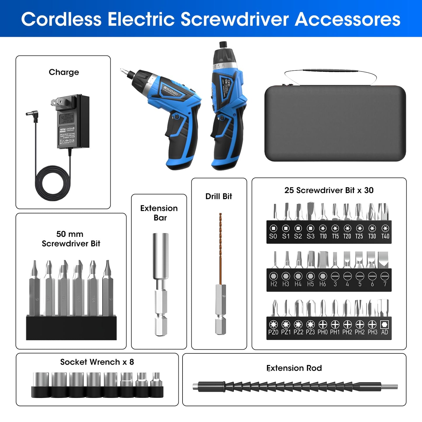 8V Cordless Electric Screwdriver,6+1 Torque Settings 10N·m 180°Adjustable Electric Screwdriver Set 50 Pcs Drill Rechargeable Battery,2Position Handle,Flexible Shaft,LED Light,for Home and Office.Blue