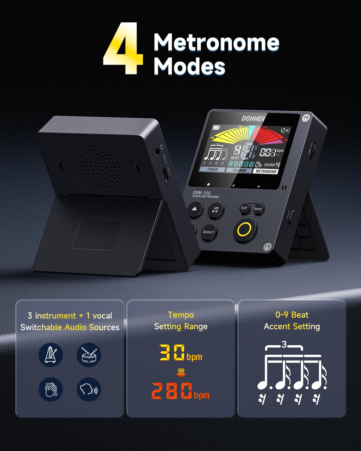 Donner Metronome Tuner for Guitar, Bass, Violin, Ukulele, Piano, Flute, Saxophone, All Instruments, Portable Digital Metronome with Trainer Rhythm Mode, Black, DBM-100