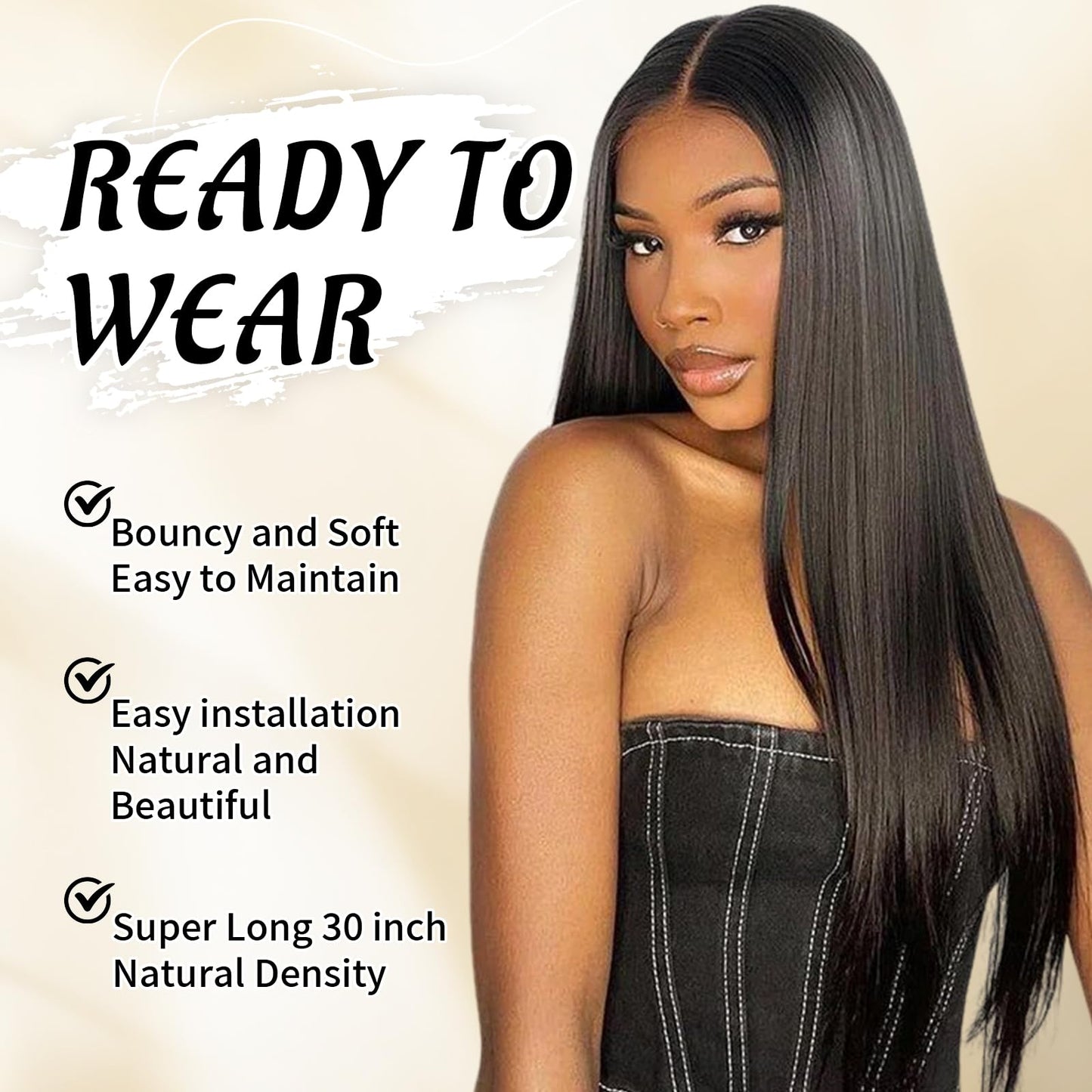 Geogroket 13x6 Lace Frontal Wig Long Straight Wigs Pre-Plucked Hairline with Baby Hair Transparent Swiss Lace Heat Resistant Synthetic Glueless Lace Front Wigs for Girls Daily Party Use 30 Inch (#1B)