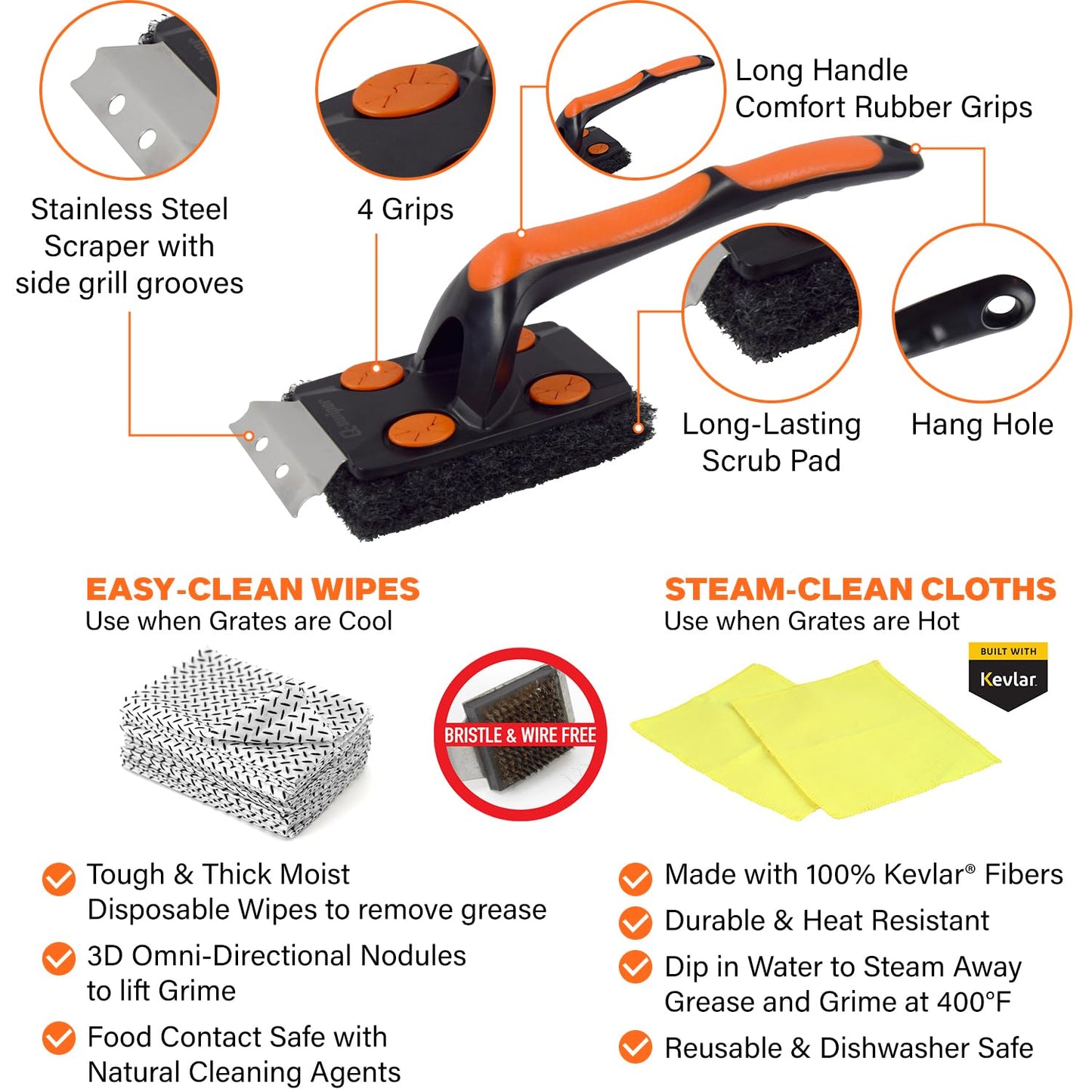 Q-Swiper XL Complete Grill Cleaner Kit - Hot + Cold + Exterior Grill Cleaning. Includes 1 Long Grill Brush, 2 Steam Clean Cloths, 40 Moist Grill Wipes, 1 Exterior Reusable Cloth and 1 Tray.