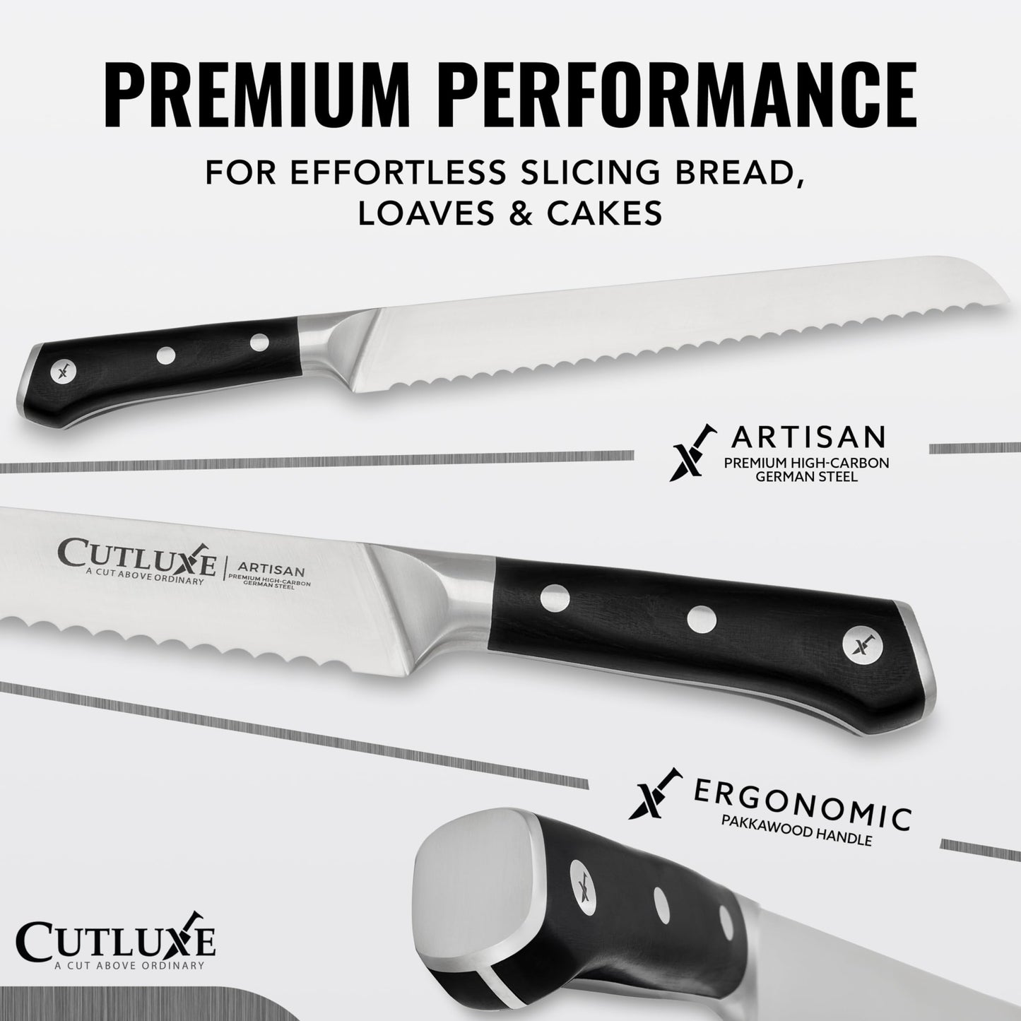 Cutluxe Bread Knife, 10" Serrated Knife, Perfect for Homemade, Sourdough Bread – High Carbon German Steel, Full Tang, Ergonomic Handle Design – Artisan Series