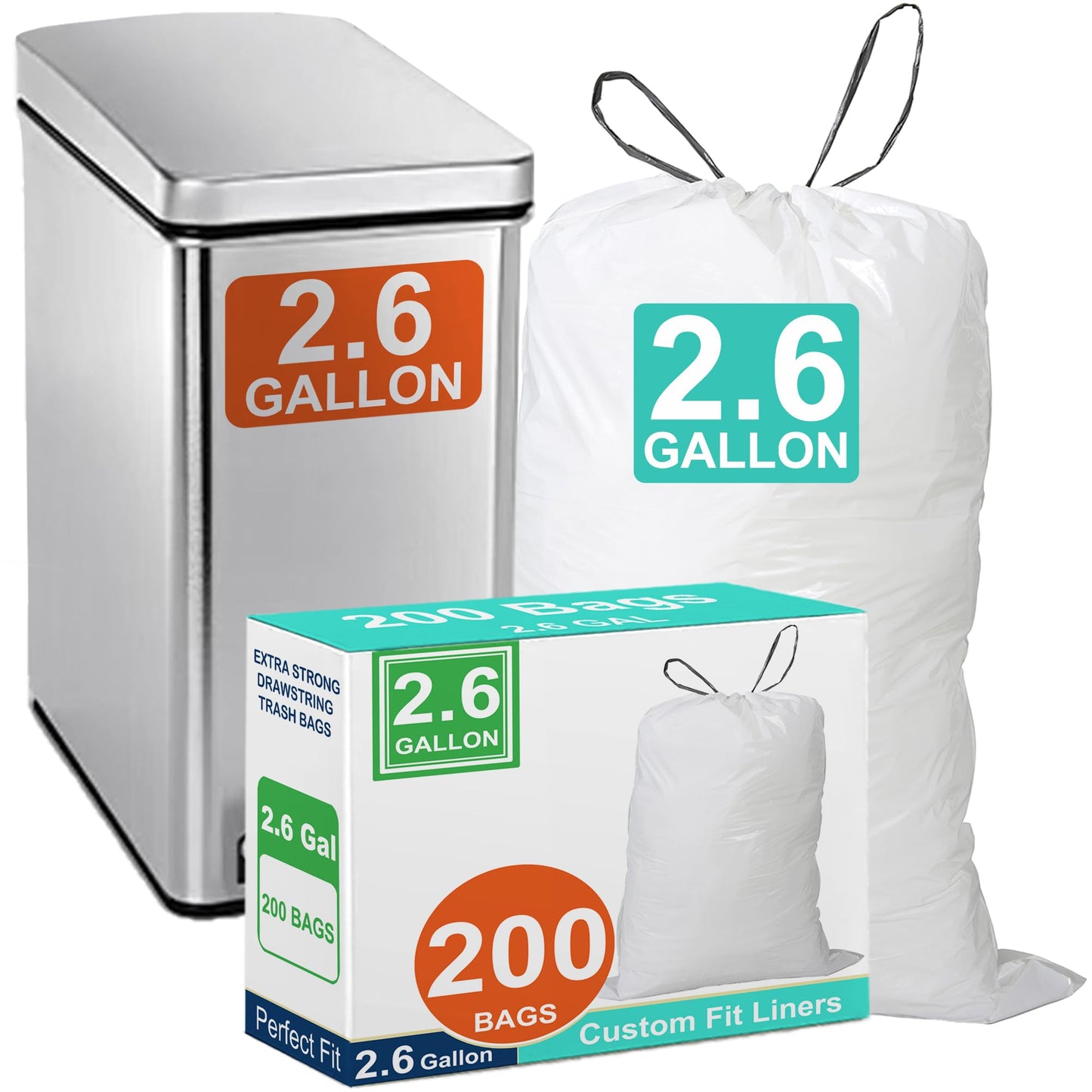 2.6 Gallon 200 Count Heavy Duty Trash Bags | Reinforced Drawstring Garbage Liners Tear & Leak Resistant PERFECT FIT & GRAND SAVE!
