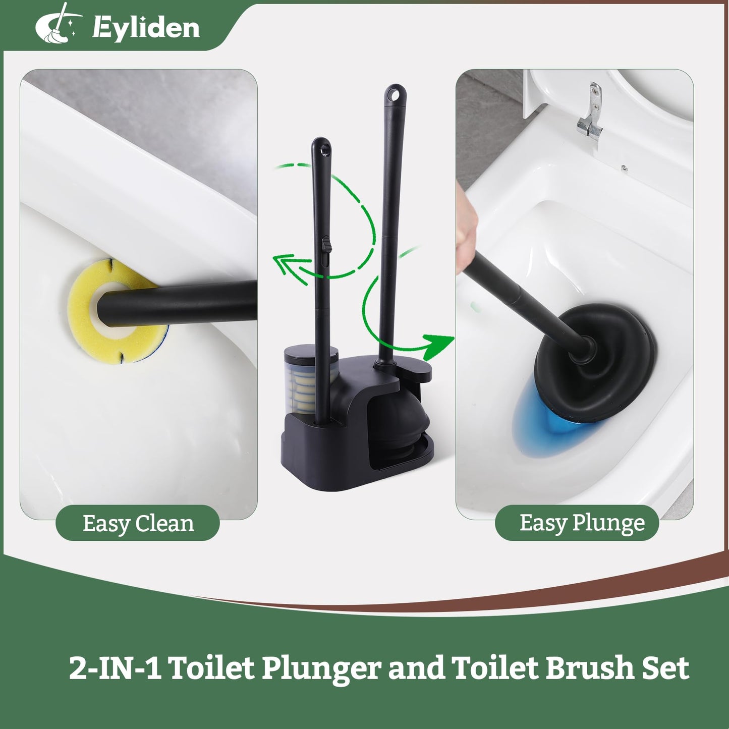 Eyliden Disposable Toilet Brush and Plunger Combo | 2-in-1 Toilet Bowl Wand Kit - 10 Count Pre-Soaked Refill Heads, 3-Step Plunger, Storage Holder - Compact Toilet Cleaning System, Black