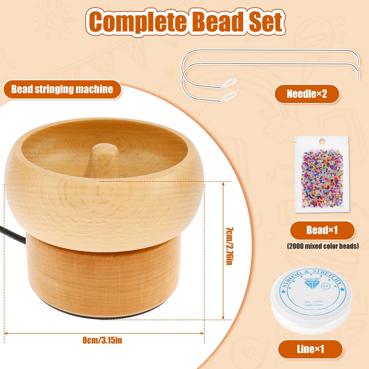 Electric Wooden Bead Spinner, Adjustable Speed and Direction Spin Bead Loader USB Powered Spin Beading Bowl Kit with 2 Beading Needles 2000 Beads for Bracelets Jewelry Making