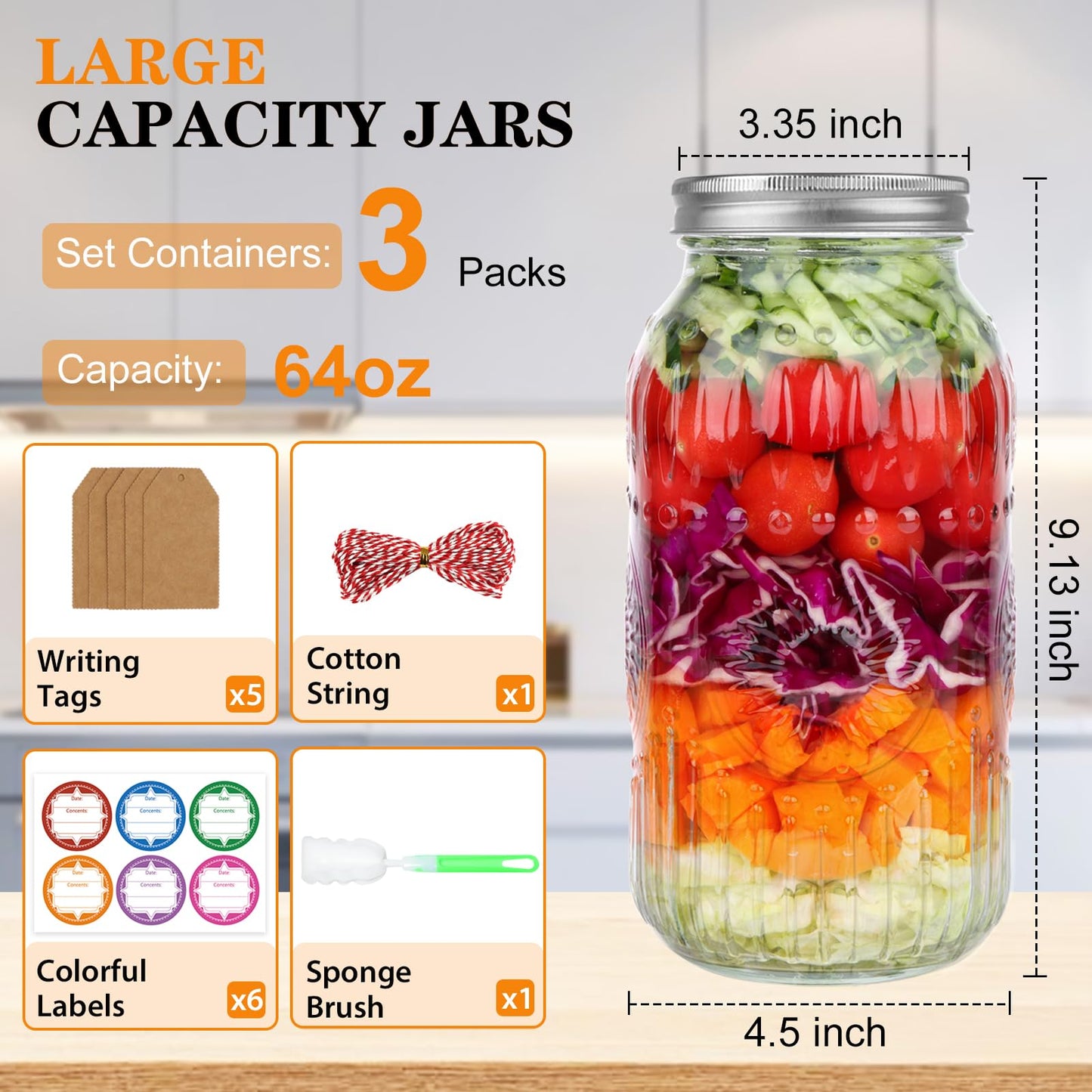 HINGWAH Wide Mouth Mason Jars 64 oz, 3 Pack Large Half Gallon Mason Jars with Airtight Lids and Bands, Clear Glass Canning Jars for Preserving, Pickling, Canning, Meal Prep & DIY Crafts (Sunflower)