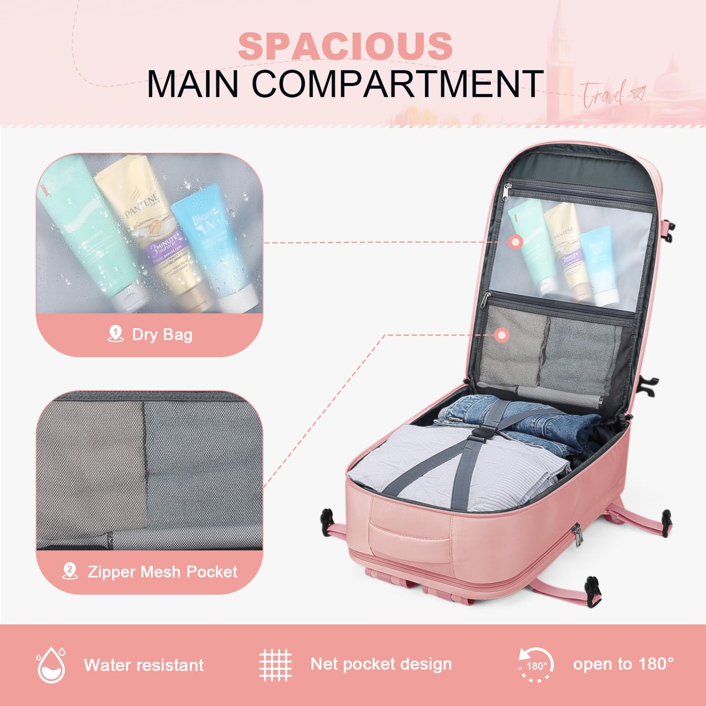 Maelstrom Travel Backpack for Women Men, 25/35L Laptop, Carry On Backpack with Crossbody, Shoe & Toiletry Bag (pink, 15.6inch)