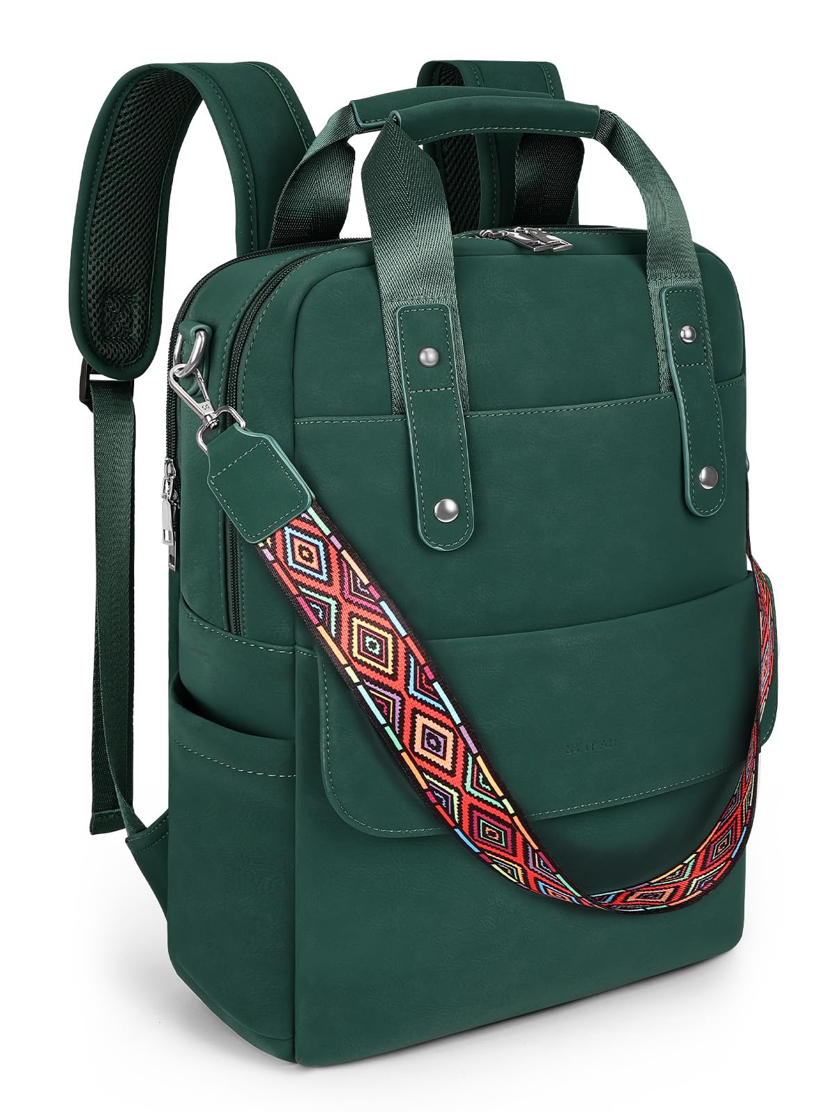 SYTRAH Leather Laptop Backpack 15.6 Inch Womens Laptop Bag, 3 IN 1 Computer Bag Handbag with Colorful Shoulder Bag Strap for Work Travel College Green