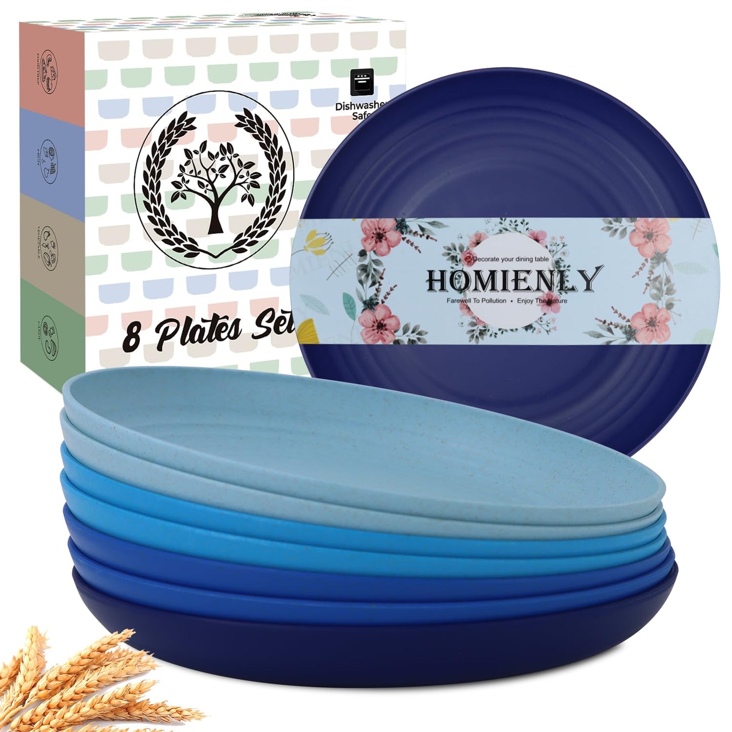 Homienly Dessert Plates Set of 8-8 inch Plate Set Wheat Straw Plates for Kitchen Unbreakable Plate for Dessert, Appetizer,Pancakes, Microwave & Dishwasher Safe Kitchen Essentials(Blue Series)