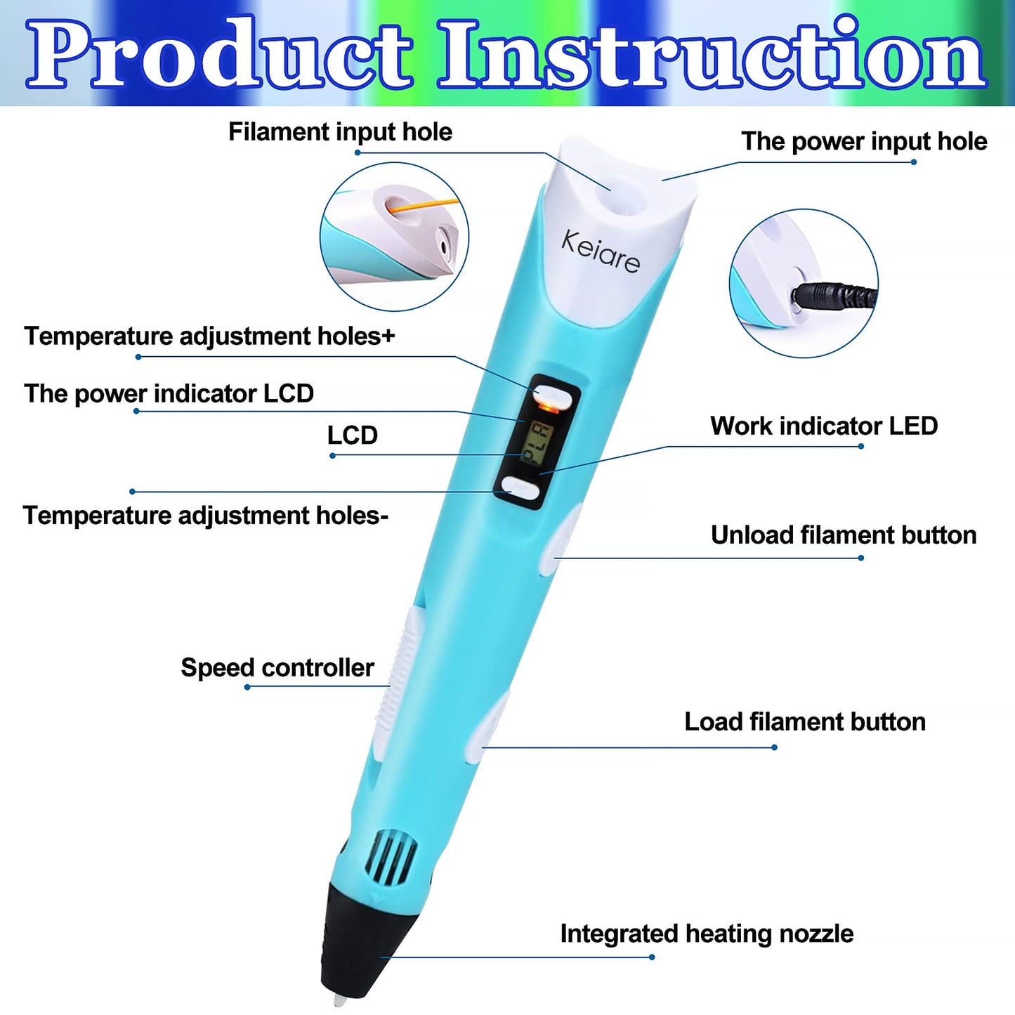 3D Pen for Kids 3D Printing Pen Stylo 3D Doodler Pen 3D Drawing Pen 3D Writing Pen Fun Toys Gift for Kids Include 12 Colors PLA Filament Refills with Charger