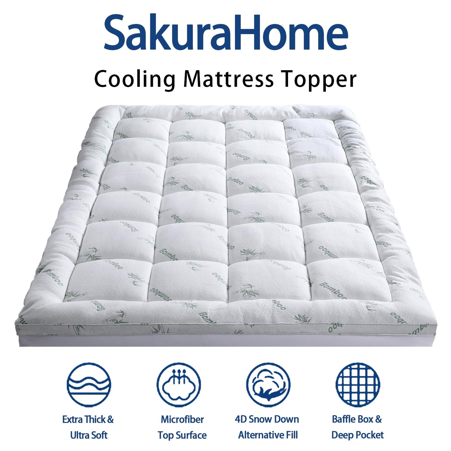 SakuraHome Bamboo Mattress Topper Queen Size, Cooling Extra Thick Breathable Mattress pad, Soft Quilted Fitted Mattress Cover with 5D Snow Down Alternative Fill (8-21”Deep Pocket) 60"x80"