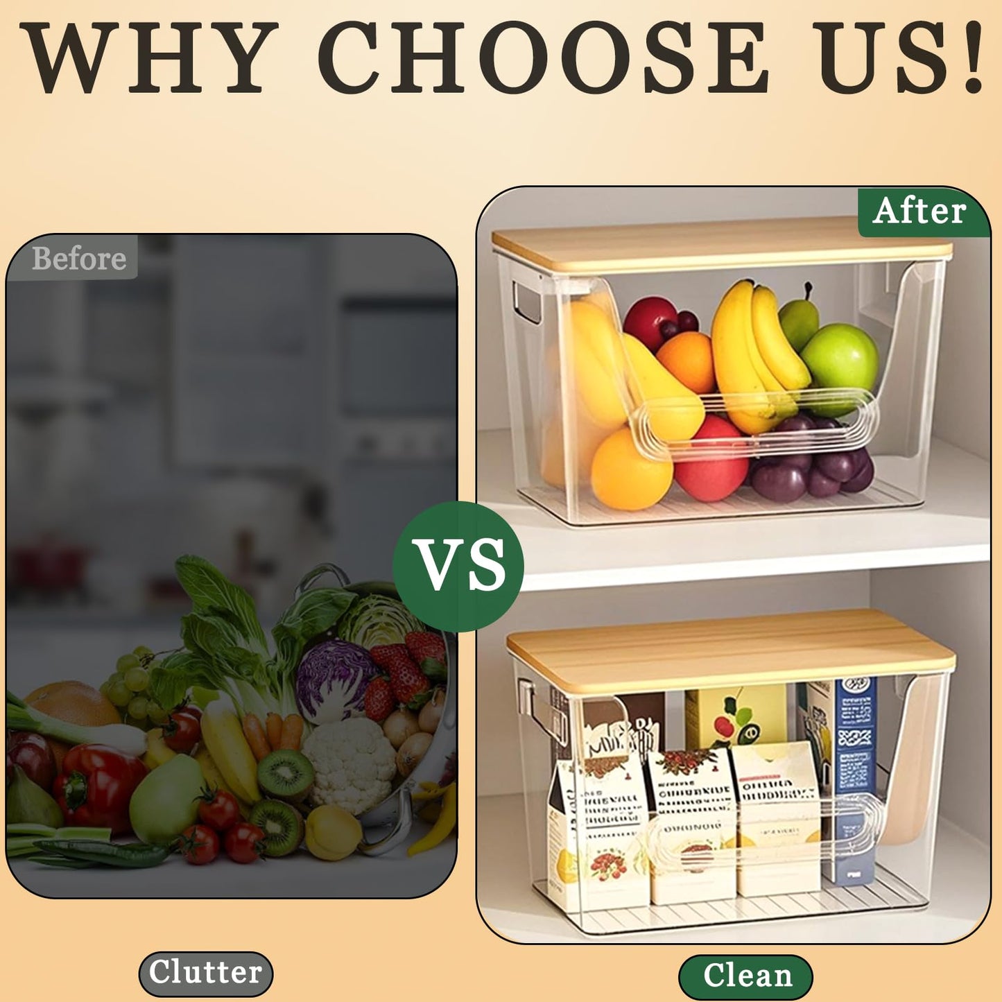 Pantry Organizers Storage Heavy-duty Ultrathick, THASOK 2 Set Kitchen Cupboard Organizers Upgraded Fence design, Stackable Baskets Storage with Bamboo Top for Onion,Potato,Fruits,Produce,Vegetable