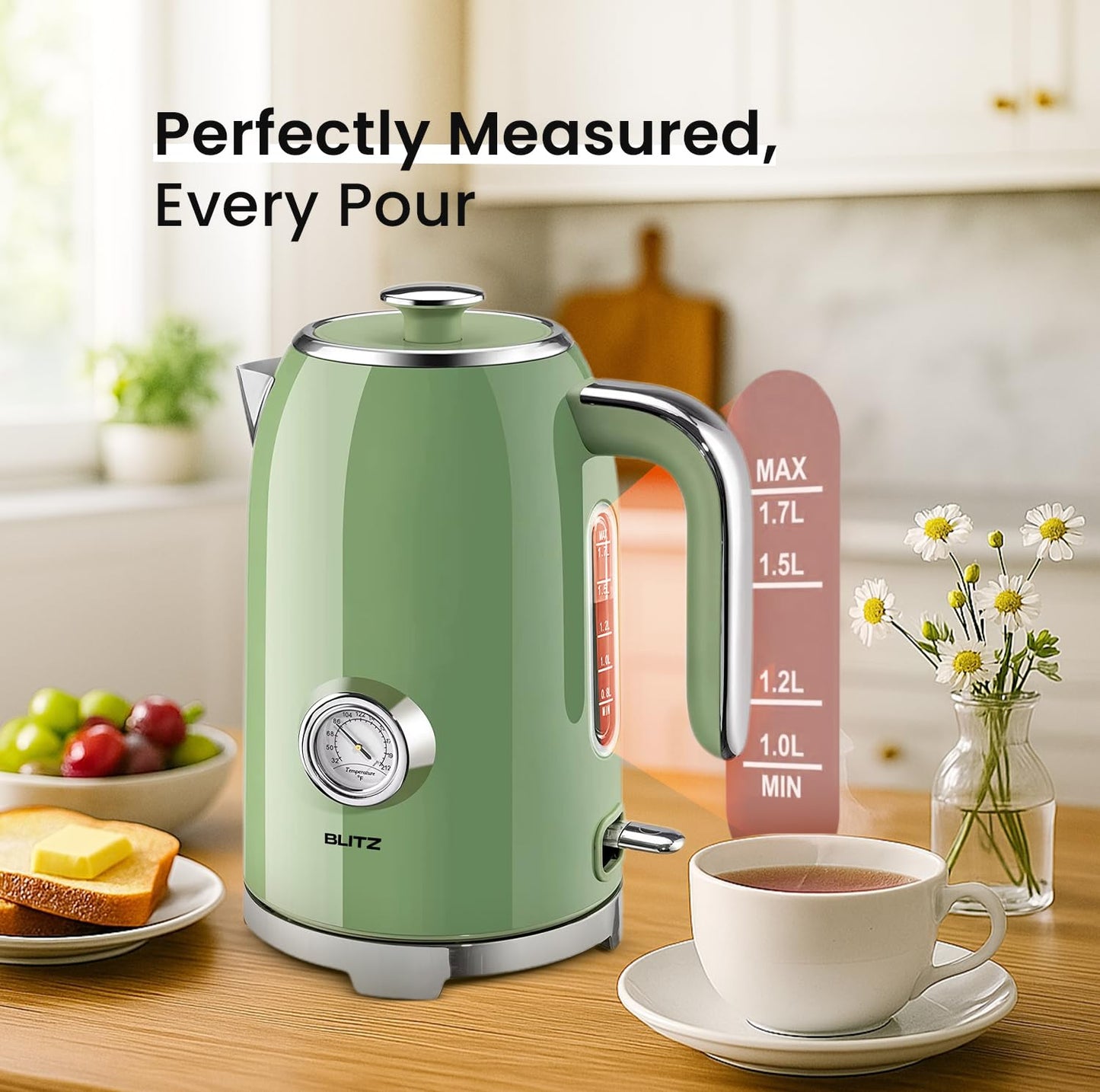 BLITZ Electric Kettle – 1.7L Stainless Steel Hot Water Boiler with Built-In Thermometer, 1500W Rapid Heating, Cordless Design, LED Indicator, Auto Shut-Off & Boil-Dry Safety (retro-green)