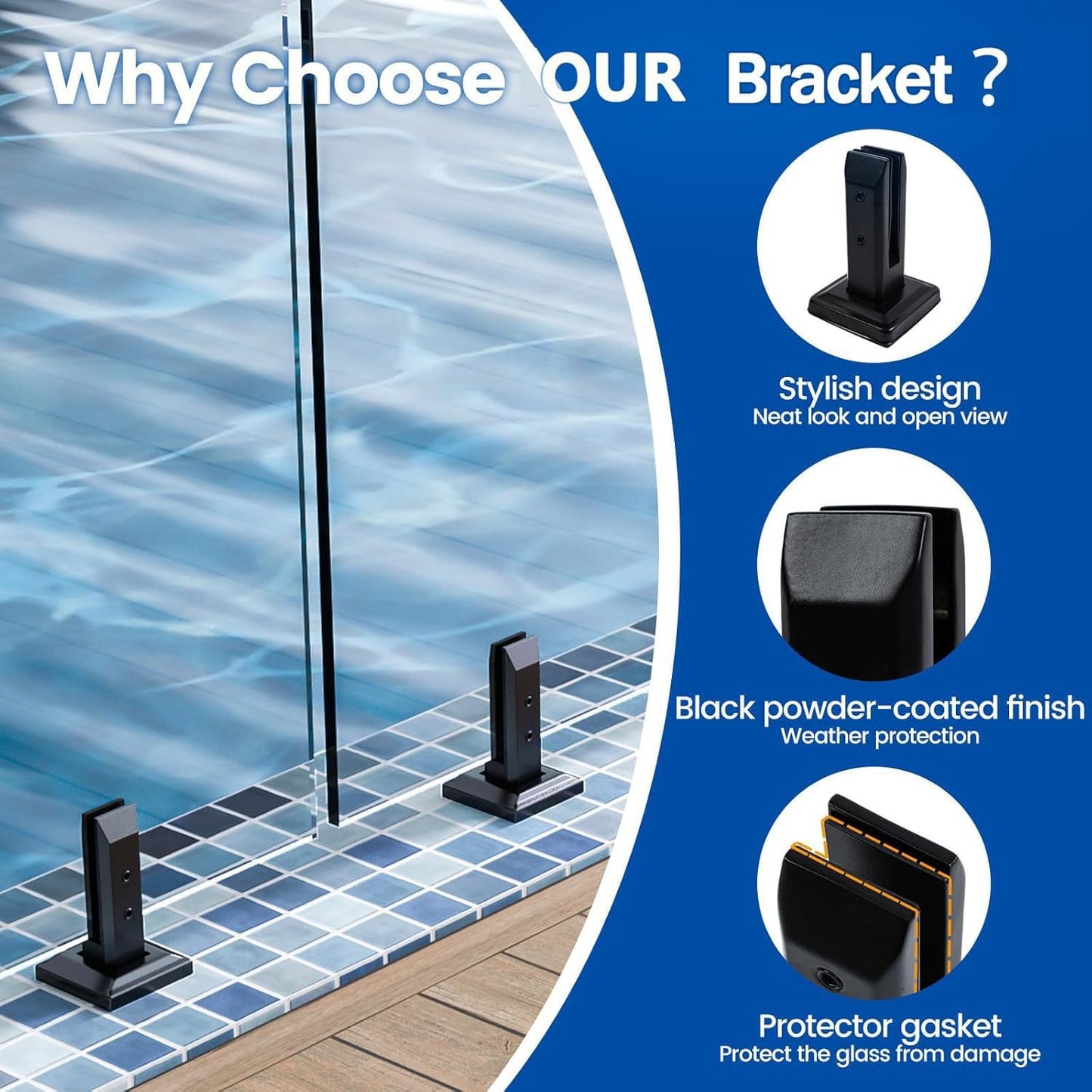 4 PCS Black Glass Railing Spigot Clamp Rectangle, 304 Stainless Steel Polish Bracket for Glass Thickness 5/16''-7/16''(8mm-12mm) Heavy Duty Pool Deck Fence Railing Post Garden Balcony