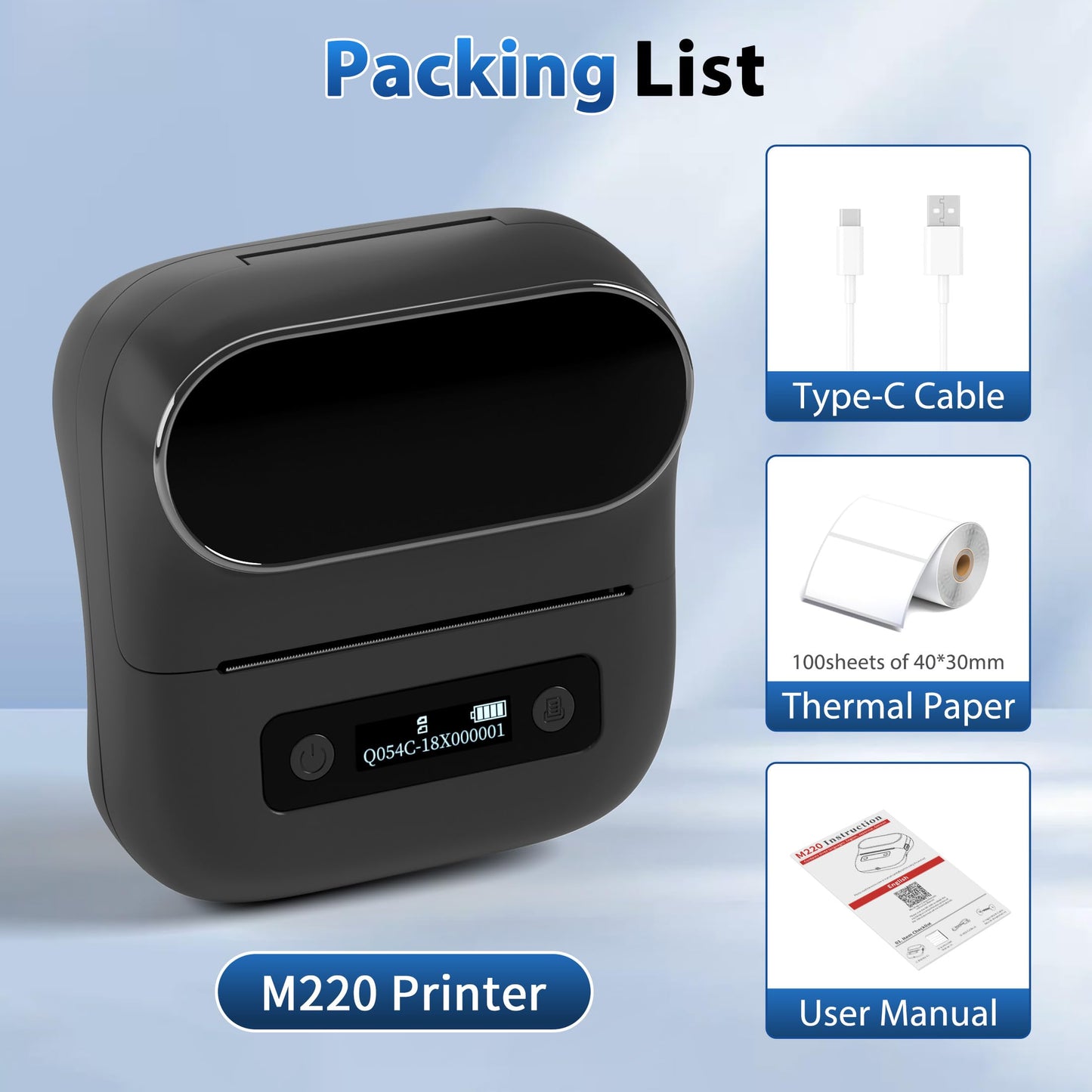 ItriAce M220 Label Printer, 3 Inch Label Maker, Thermal Barcode Printer for Halloween, Name, Address, Labeling, Mailing, Home, Office, Small Business, Compatible with Phones & PC, with 100 Labels