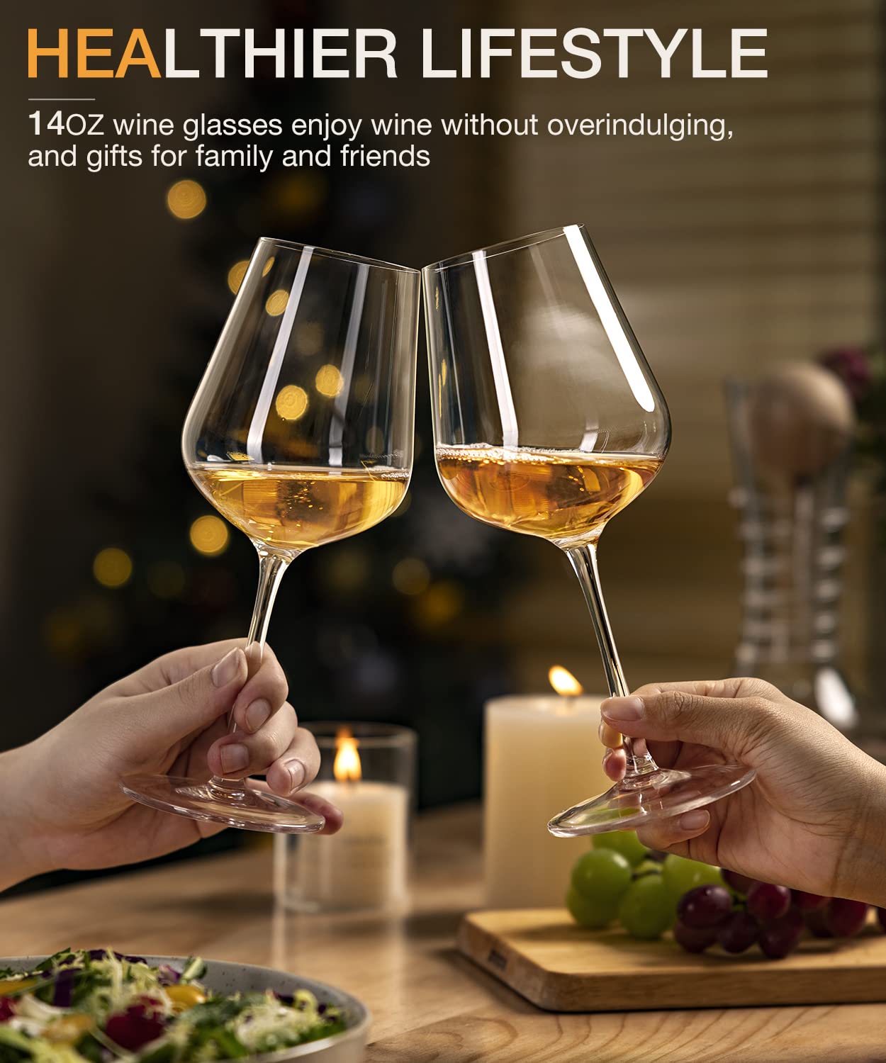 LUNA & MANTHA Wine Glasses Set of 6, Crystal White Wine Glasses with Long Stem, Hand Blown 14oz, Red White Gift Packaging for Daily Use, Wedding Anniversary or Birthday