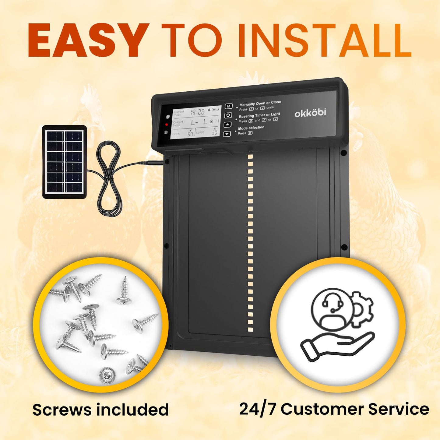 Okkobi Automatic Chicken Coop Door Solar Powered - LCD Display - Chicken Coop Door with Remote Control, Light Sensor & Timer - Security & Peace of Mind: Anti-Pinch function - 5-Year Protection - Black