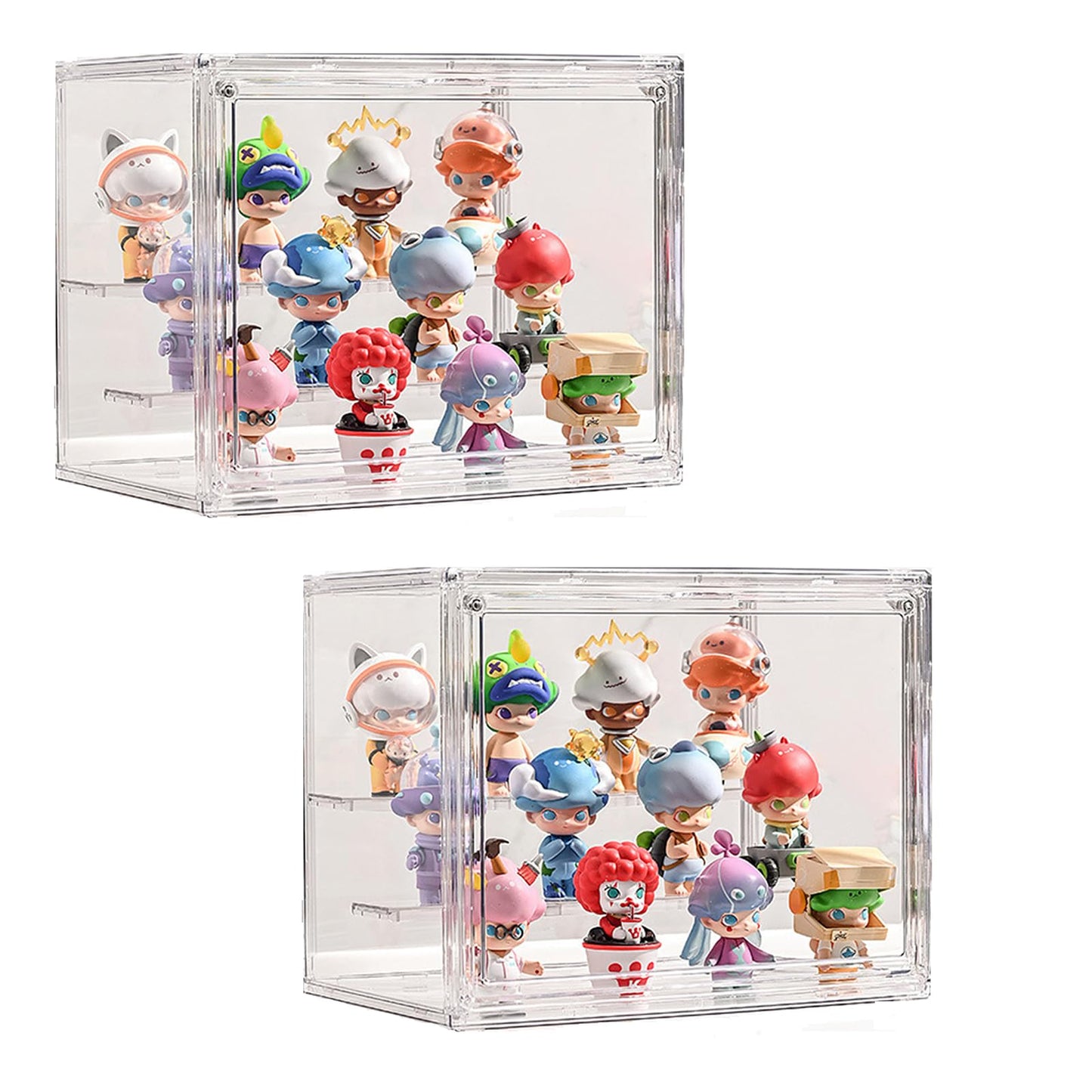 Clear Display Case for Figures, 3 Tier Adjustable Display Stand, Acrylic Display Box with Magnetic Door, Display case for Figures, Dustproof Showcase for Collectibles (2, Transparent-2 Pack)