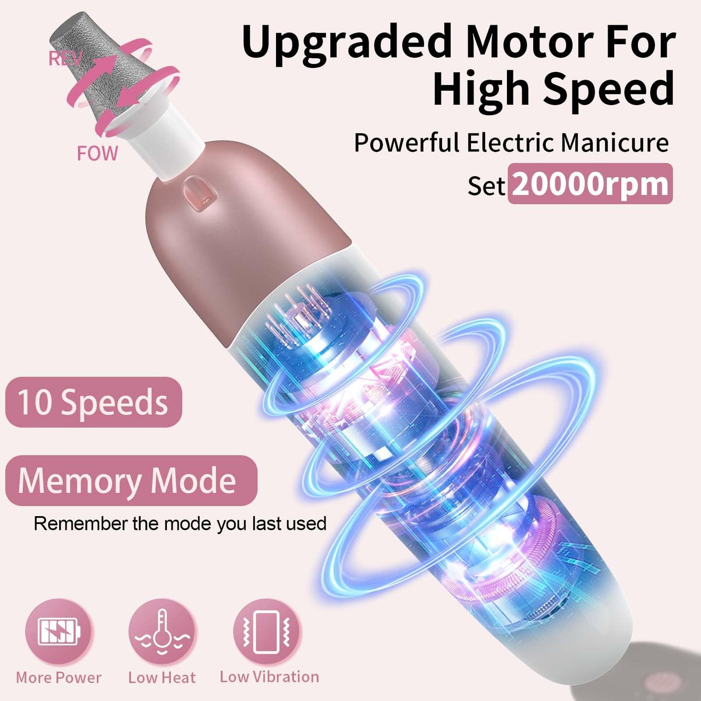 Cordless Electric Nail File Set, Professional Manicure Pedicure Kit with Memory Modes, 10 Speed Portable Nail Drill Machine, Pedicure Tools for feet, Hand Foot Care Tool for Thick Nail Toenail Cuticle