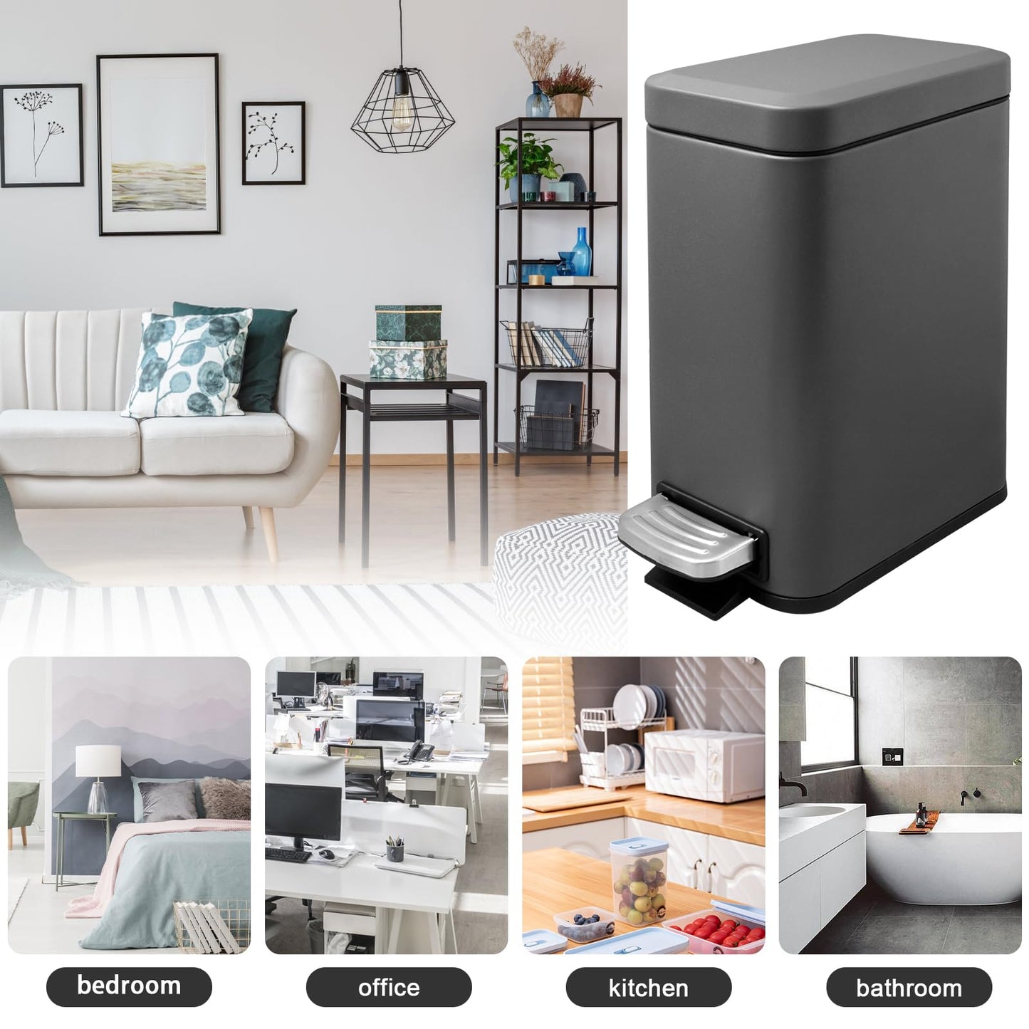 5 Liter/1.3 Gallon Slim Small Trash Can with Lid Soft Close, Stainless Steel Garbage Can for Bathroom Bedroom Office, Rectangular Step Trash Bin with Removable Inner Waste Basket (Platinum Gray)