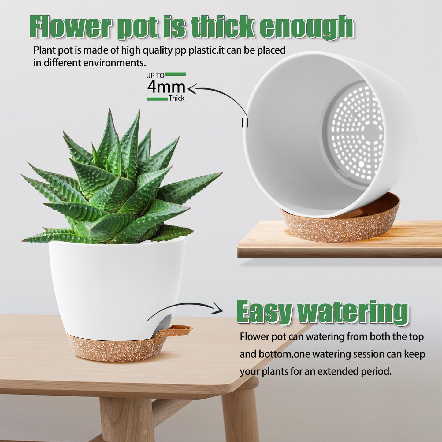 3 Pack Plant Pots Indoor 10/9/8 Inch Self Watering Planters for Indoor Plants Flower Pots for Indoor Plants with Drainage Holes and Saucer for Home Garden Indoor Outdoor(White)