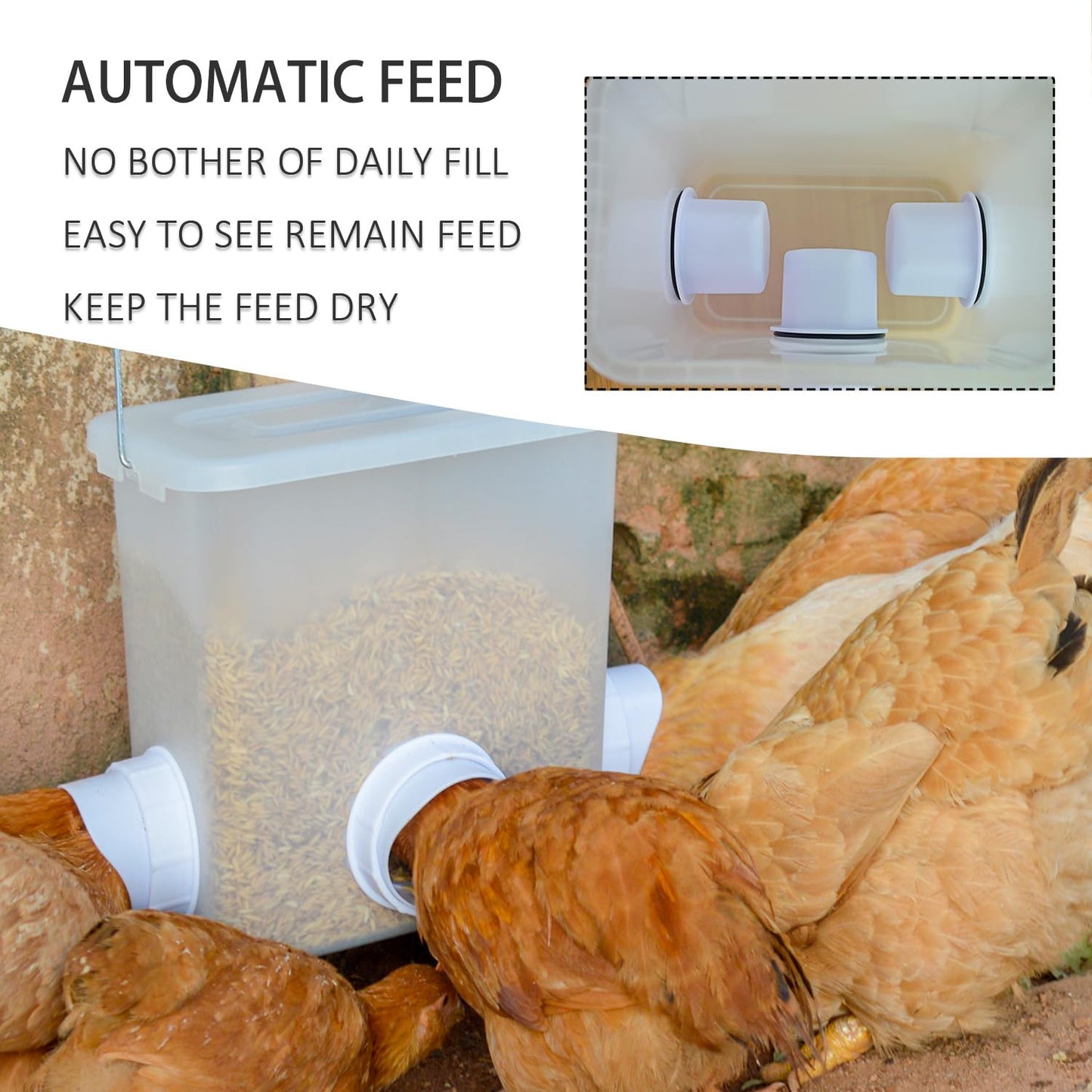 Automatic Chicken Feeder and Waterer Set Chicken Feed Bucket with 3 Feeders Ports Poultry Waterer Water Cups
