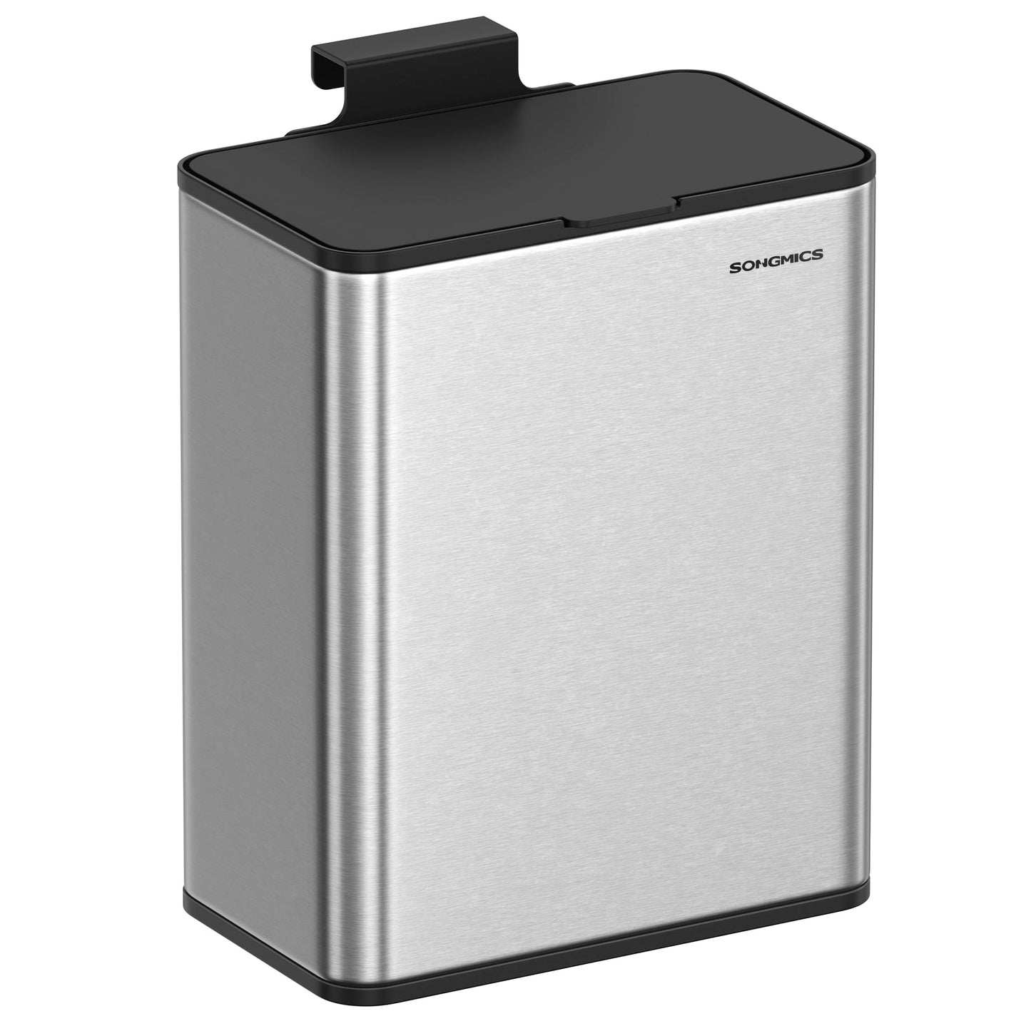 SONGMICS Hanging Trash Can, 2.1-Gallon (8 L) Kitchen Garbage Can with Lid, Cabinet Door Hanging or Wall-Mounted with Hooks, for Under Sink, Bathrooms, Metallic Silver ULTB810E08