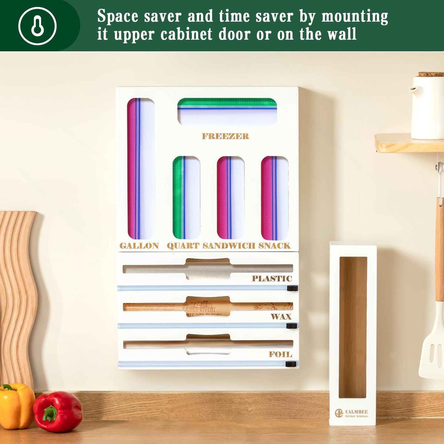 Calmbee 9 IN 1 Storage Bag Organizer for Kitchen Drawer, Bamboo Foil and Plastic Wrap with Cutter, Organizers Compatible Gallon, Quart, Sandwich Snack Size (White)