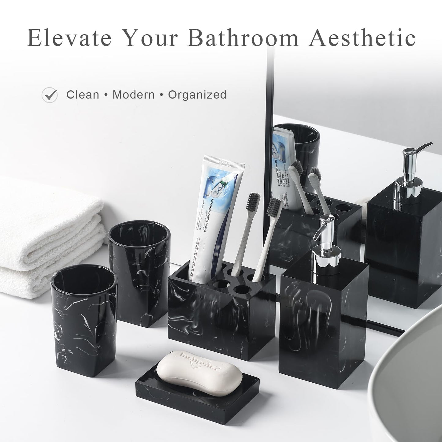 5 Piece Bathroom Accessories Set, Marble Resin Bathroom Vanity Set, Soap Dispenser, Toothbrush Holder, Soap Dish & 2 Tumblers, Bathroom Countertop Organizer Set (Ink Black)