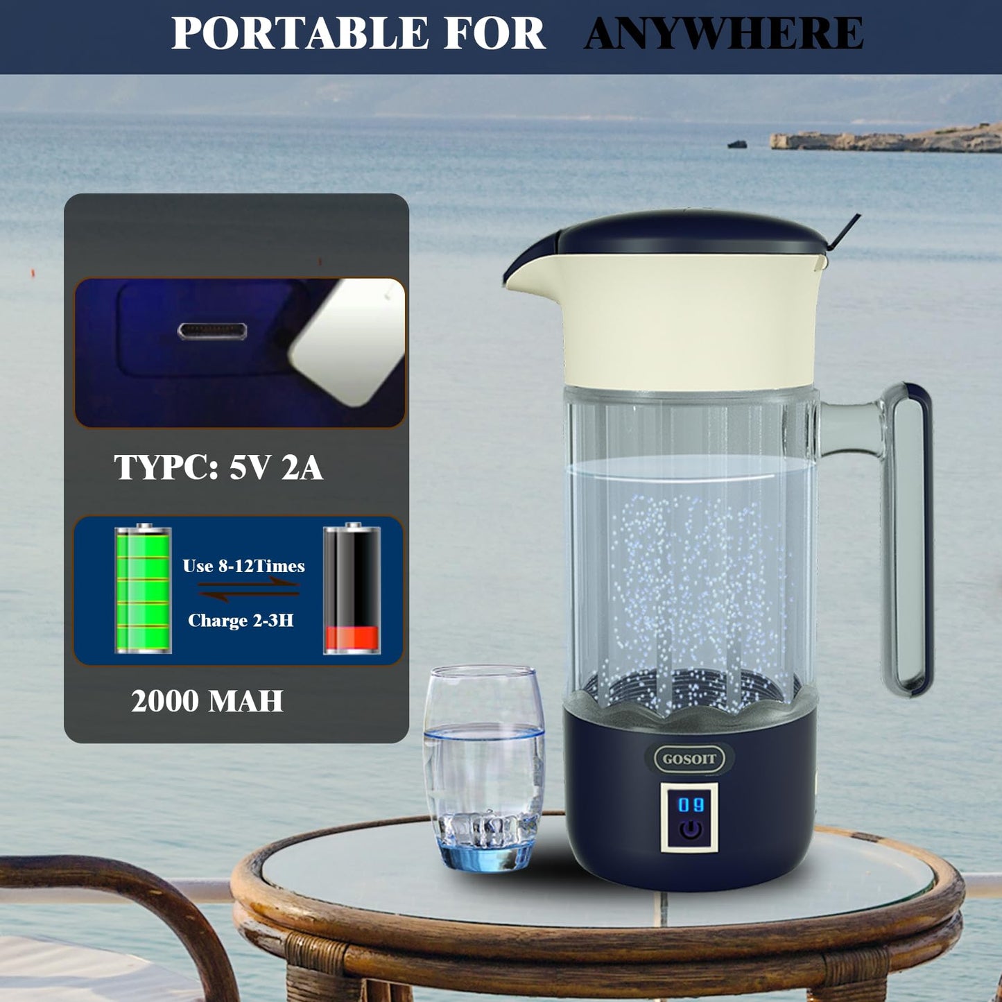 GOSOIT Hydrogen Water Bottle lonizer Hydrogen Water Pitcher Generator Maker Machine with SPE PEM Tech (Dutch Blue)