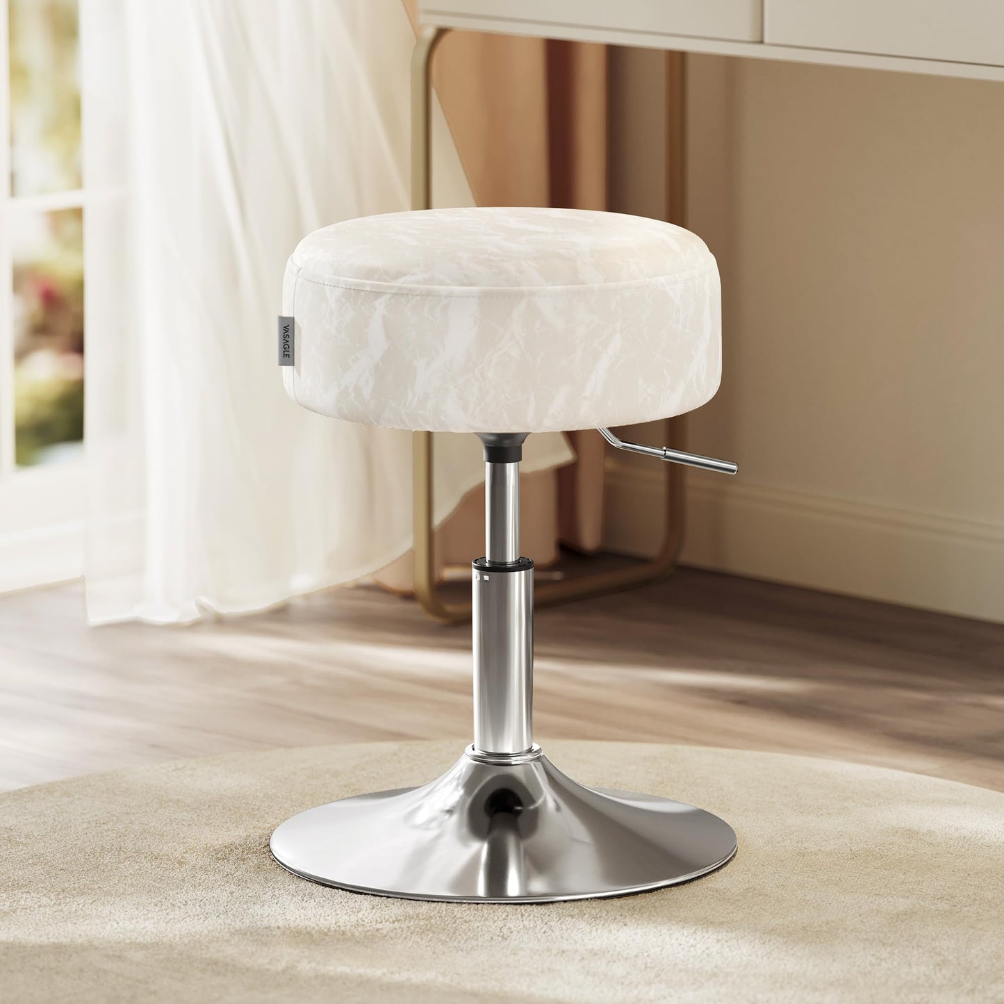 VASAGLE Adjustable Vanity Stool, Makeup Vanity Chair, 360° Swivel, PU Upholstery, Thick Cushion, for Bedroom, Kitchen, Dining Room, Modern, Cream White ULJB120W01