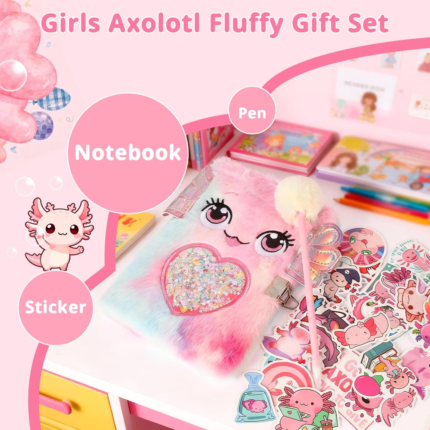 Axolotl Gift Set for Girls，Cute Axolotl Themed Gift Box with Fluffy Diary with lock and keys, Stickers, Pen and More Axolotl Accessories, Christmas Birthday Gifts for Girls