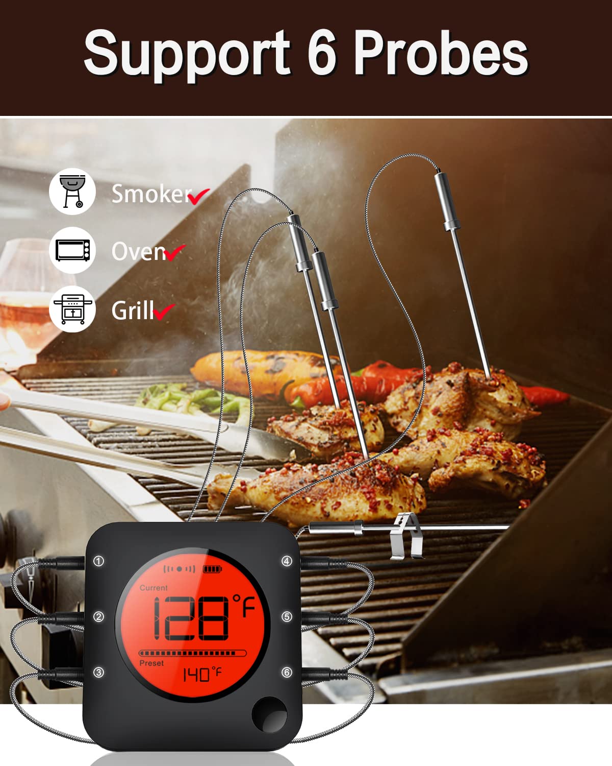 BFOUR BBQ Thermometer Wireless, Large LCD Digital Meat Thermometer Wireless with 2 Meat Probes, Bluetooth Meat Thermometer BBQ for Smoker Kitchen Cooking, Meat Thermometer for Grill BBQ and Oven