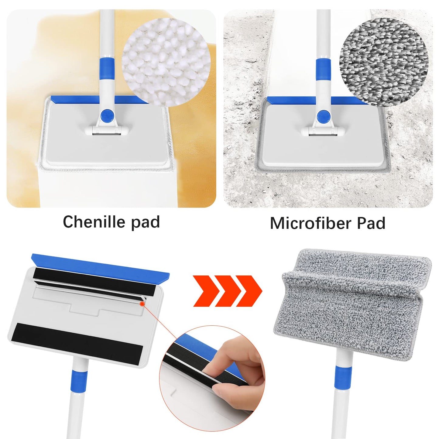 Skirting Board Cleaning Tool with Handle, Wall Cleaner with Long Extendable Handle, Door Frame Cleaning Tool, Including 4 Reusable Cleaning Pads, Quick Clean