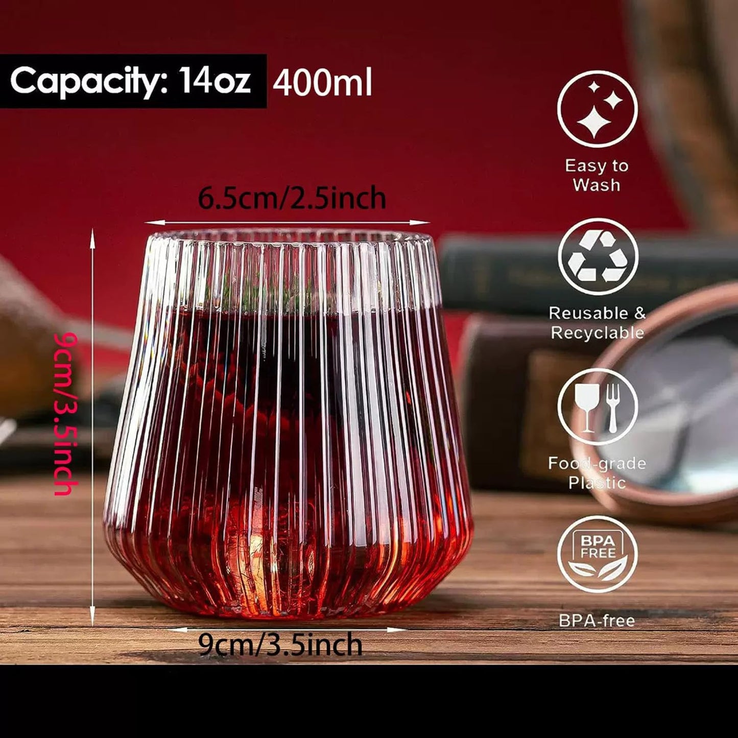 40 Pack Plastic Ribbed Wine Glasses 14oz Origami Style Disposable Wine Cups Unbreakable Clear Plastic Cocktail Glasses Disposable & Reusable for Champagne, Dessert, Catering, Weddings