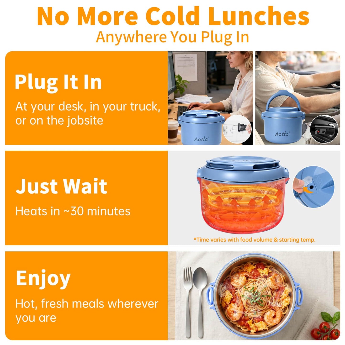 Aotto Electric Lunch Box, 12V 24V 110V 3 in 1 Portable Food Warmer Heated Lunch Boxes for Adults, 32oz Leakproof, Lunch Warmer & Food Heater for Travel, Car, Truck, Office Use - Blue