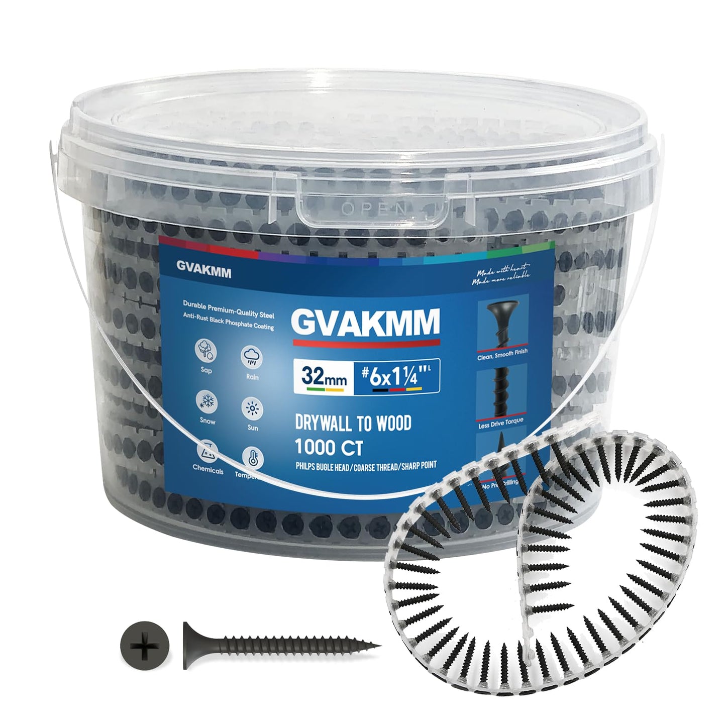 GVAKMM #6×1-1/4 inch Drywall to Wood Collated Screw – 1000 Count,Collated Black Wood,Drywall,Sheetrock Screw