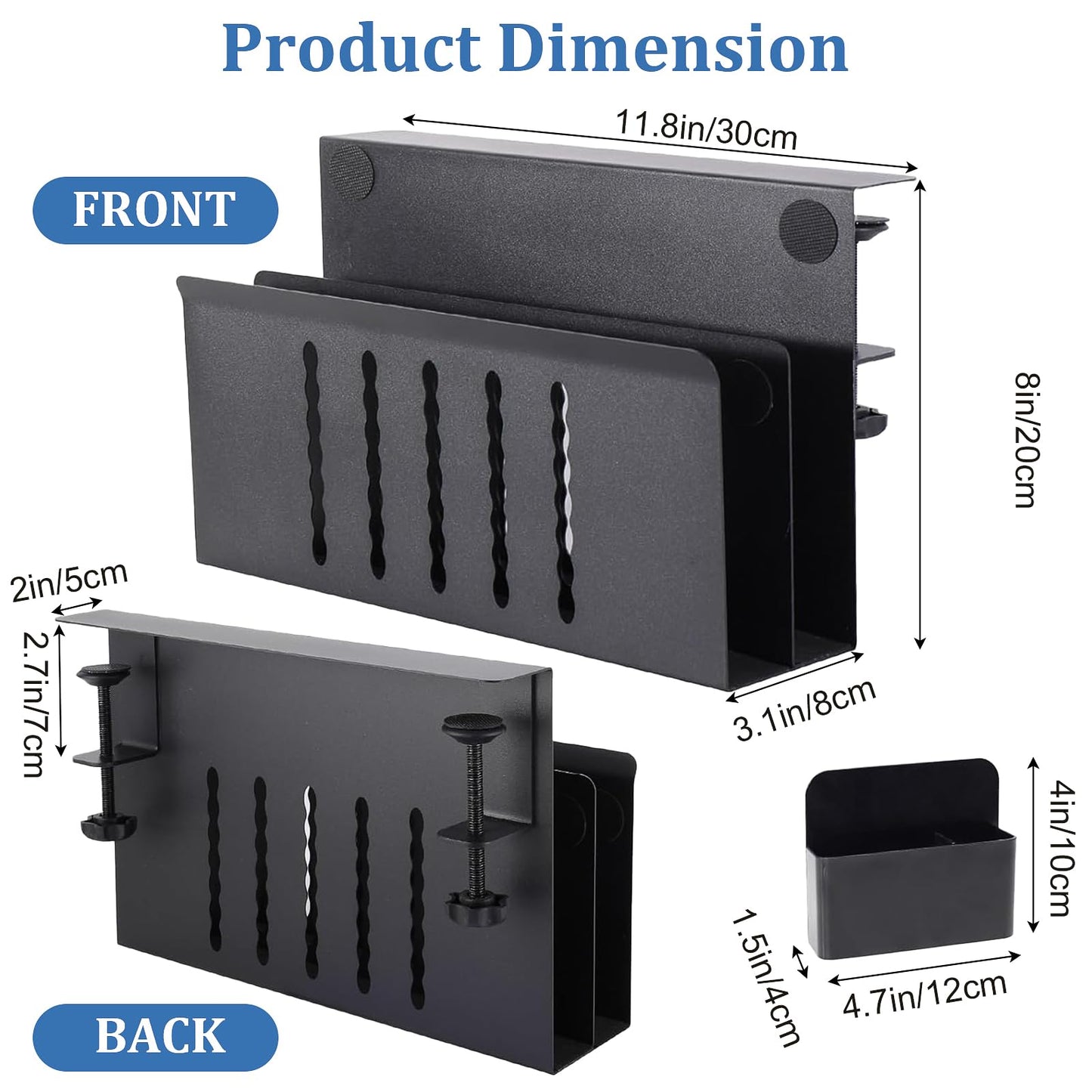 Desk Side Storage, Under Desk Laptop Mount, Table Side Hanging File Organizer Laptop Holder, No Drill Clamp On Cable Management Tray with 2 Magnetic Pen Holder for Office and Home, Load 22 Lbs