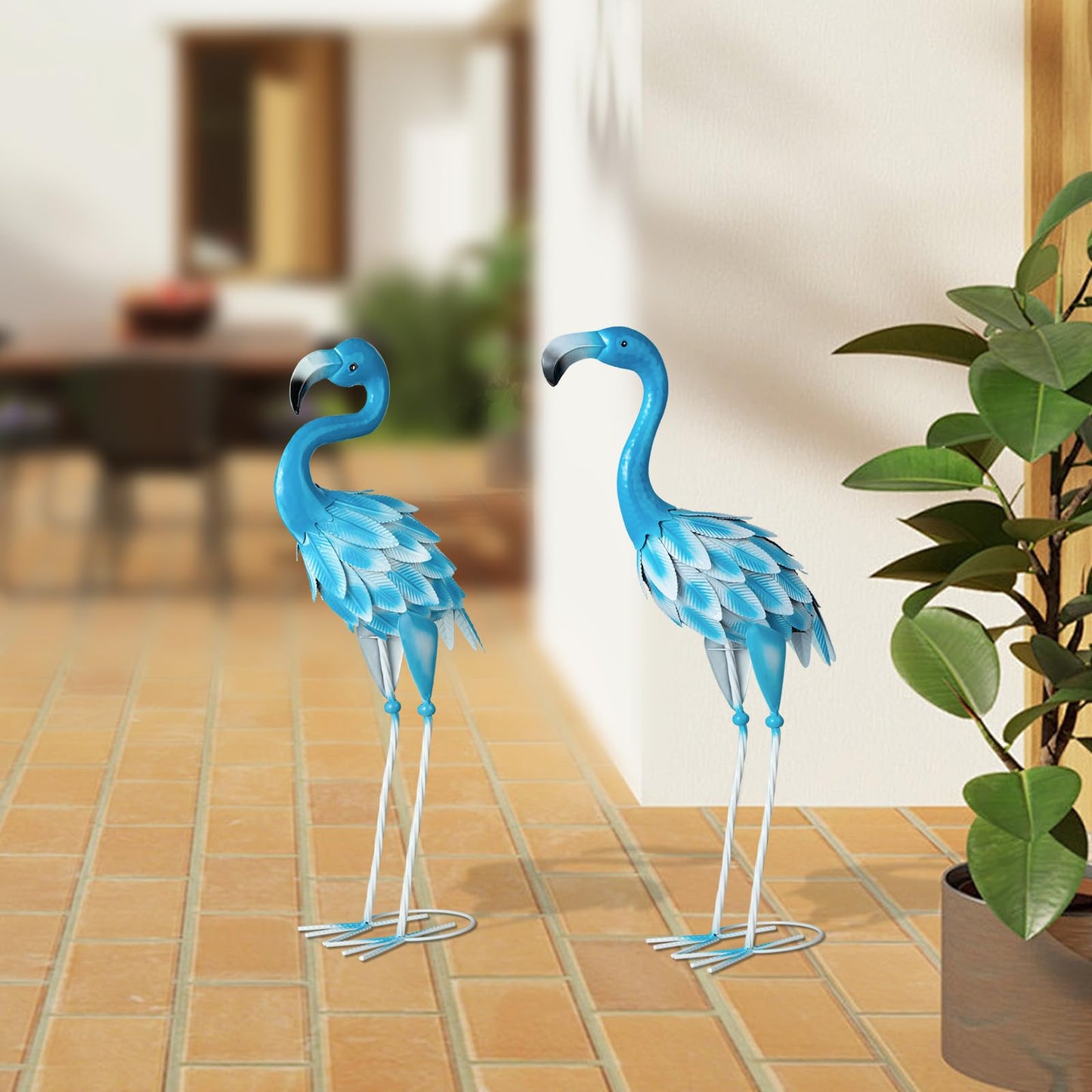 Set of 2 Flamingo Outdoor Statues, Metal Yard Flamingo for Garden Patio Lawn Backyard Decoration (Blue)