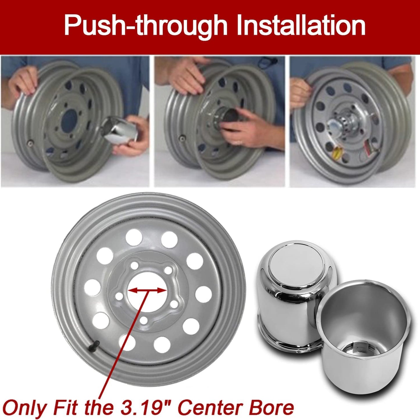 3.19" Push Through Wheel Center Caps for Trailer Truck RV Wheel Rims, Chrome Silver Trailer Wheel Hub Center Caps Fit 3.19inch Center Bore, Carbon Steel Weatherproof & Corrosion Resistant(4 Pack)