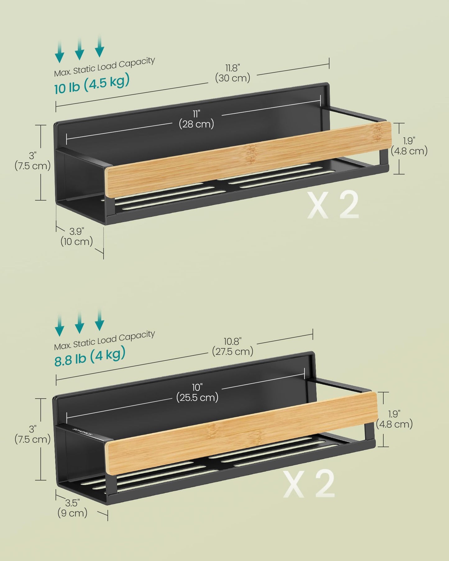 SONGMICS Set of 4 Spice Racks, 2 Large and 2 Small Kitchen Magnetic Shelves for Refrigerator, Microwave, Washing Machine, Spice Organizers, No Drilling Needed, Ink Black and Light Bamboo UKCS062BH01