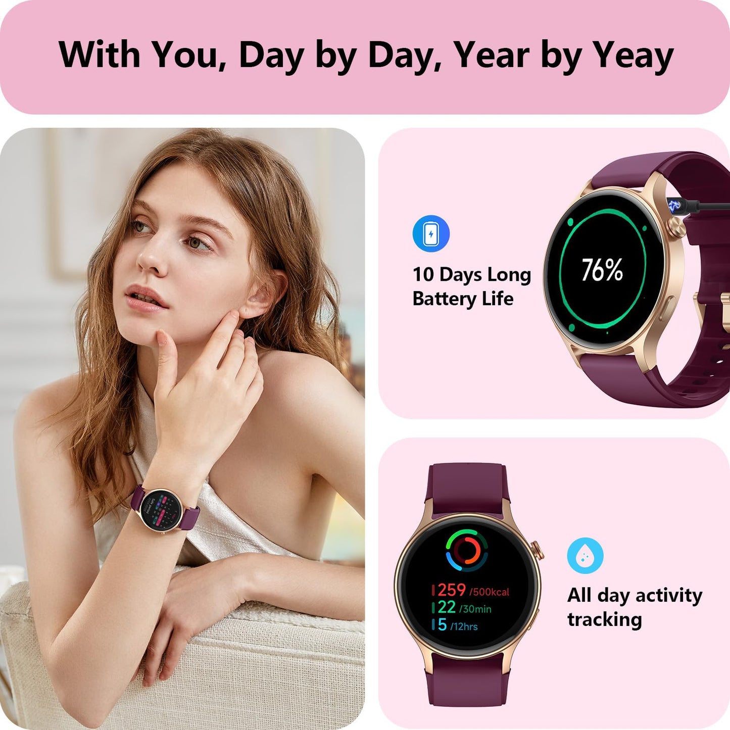 aeac Smart Watch for Women, AMOLED Ultra-Clear Screen Activity Trackers with Heart Rate/Sleep/SpO2 Monitor, Waterproof Fitness Smartwatch for iPhone/Samsung/Android（Deep Purple）