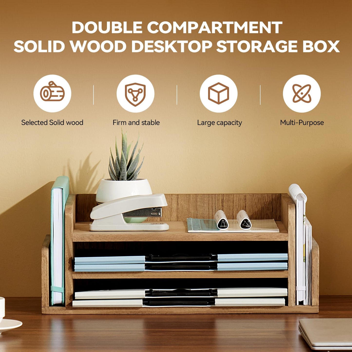Kirigen Wood Desk Organizer 5 Trays - Desktop Document Letter Tray for Folders, Mail,File -Nature 3-Tier Office Mail Sorter Organizer Rack/Telephone Stand/Document Holder Dark Brown(2TP-DBR)