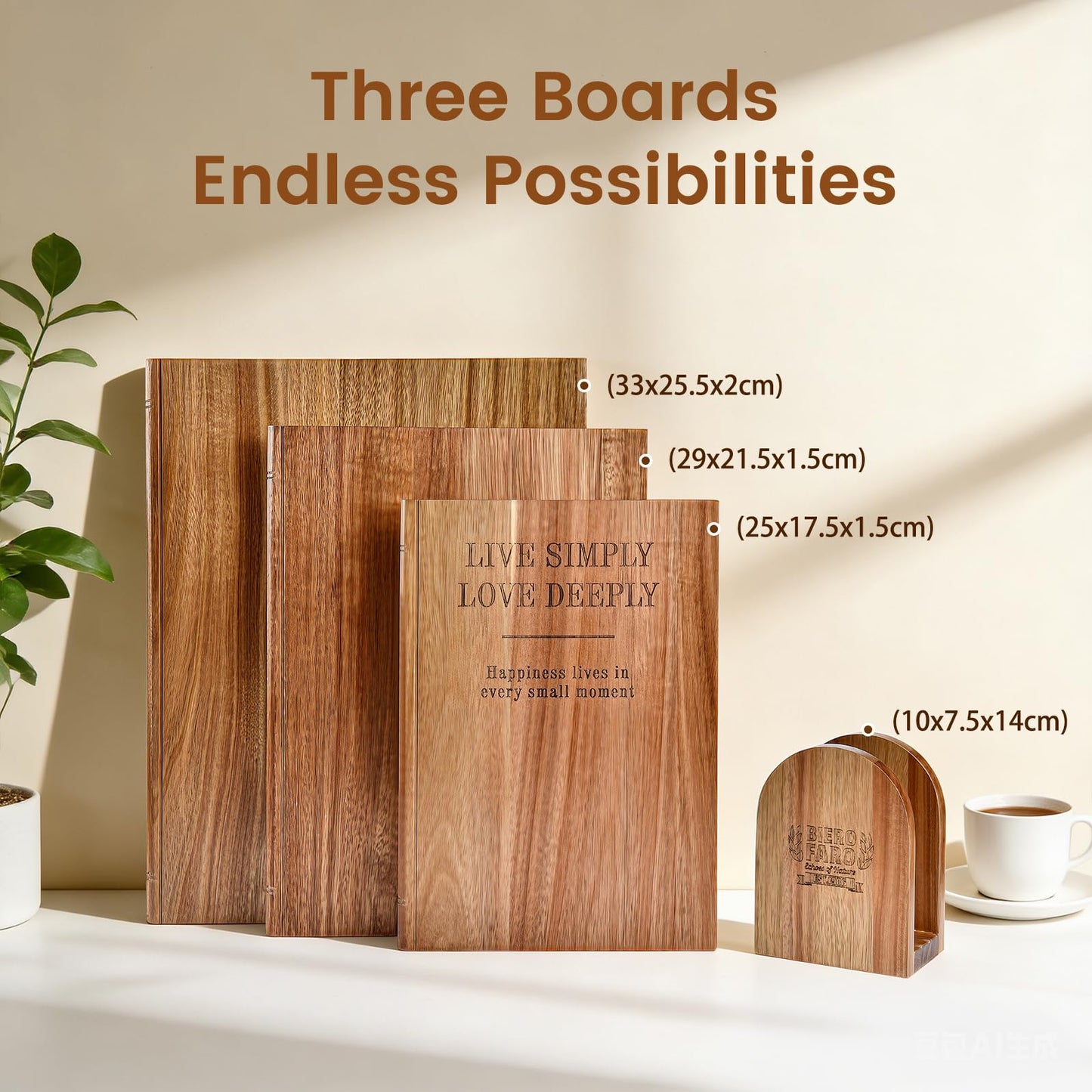 Book Cutting Board Set of 3 with Stand - Bierofaro Acacia Wood Chopping Boards for Kitchen, Decorative Book-Shaped Wooden Board for Cheese, Bread, Meat & Serving - Housewarming Gift