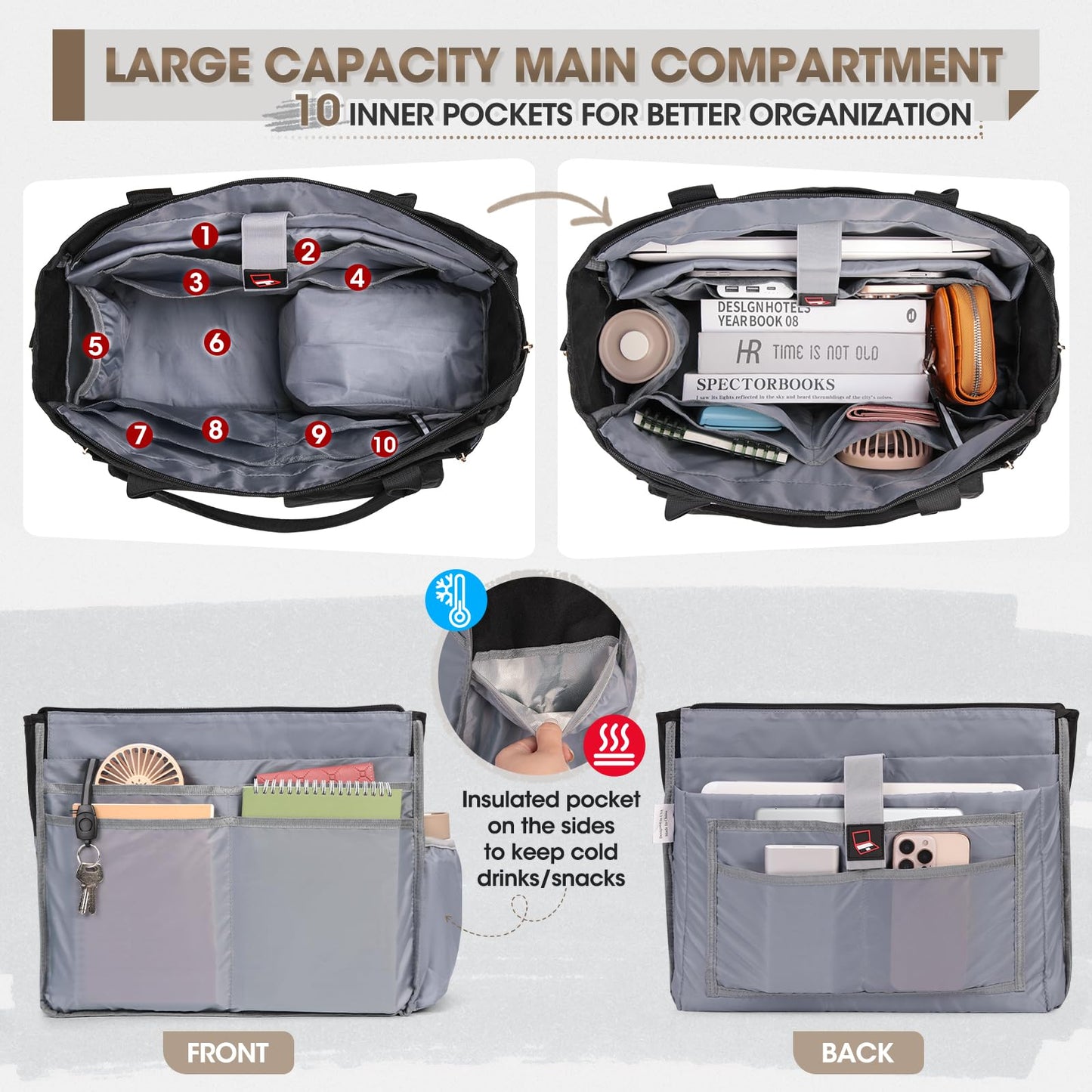 RAINSMORE Teacher Tote Bag with Insulated Lunch Compartment 15.6 inch Laptop Bag for Women Large Work Bags Nurse Bags Professional Briefcase Computer Handbag for Office, College, Nursing, Black