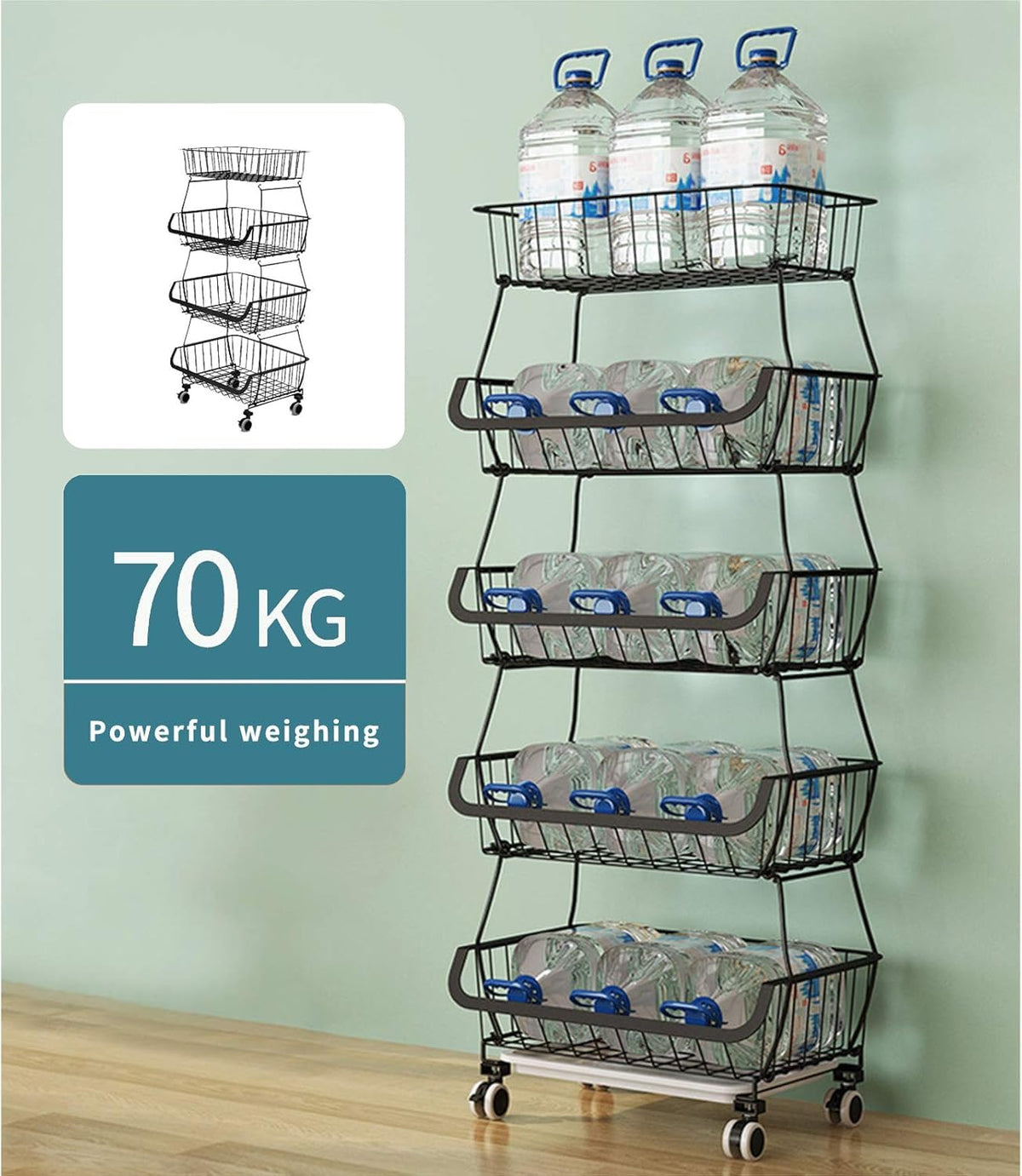 CarolynDesign Black Iron Wire Storage Bins with Wheels and Feet, Stackable Vegetable Storage Baskets (6-Tier)