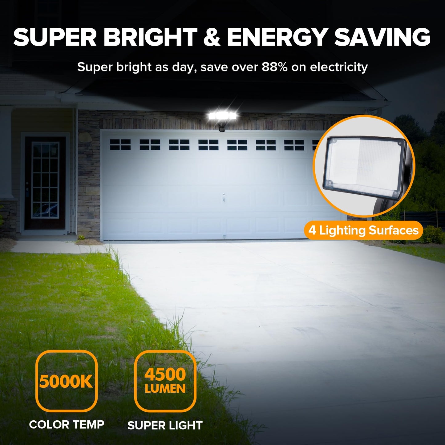 UME 4500LM LED Security Lights Motion Sensor Light Outdoor, 5000K Daylight, IP65 Waterproof, Dusk to Dawn, 3 Head Motion Detected Flood Light for Garage, Yard, Porch (Black)