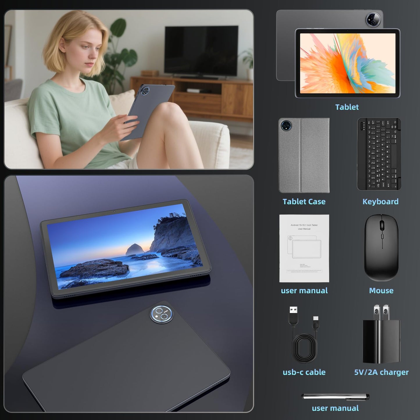 Android 15 Tablet 10 inch,24GB RAM 128 ROM,Tablets with Keyboard Mouse Stylus,1TB Expandable,Octa-Core 6000mAh 1280x800 IPS HD,5G WiFi,T615 CPU,High Performance,Processor,Dual Camera(Gray)