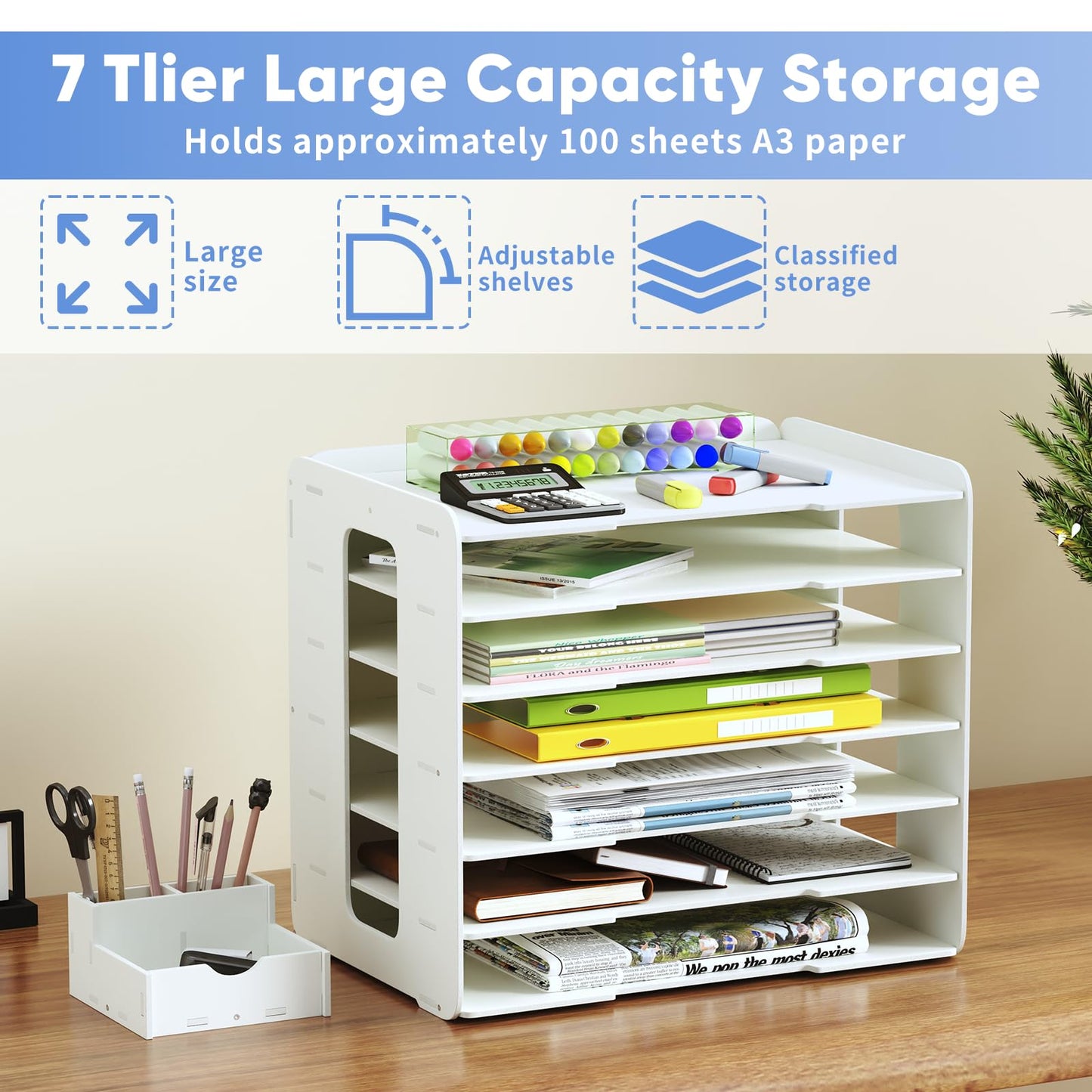 bimiti A3 Paper Organizer 11x17 Inches with 7 Compartments, PVC Desktop Storage Rack for Scrapbooking Supplies, Office Documents & School Art Materials - Space-Saving Vertical Design